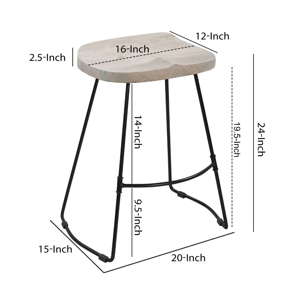 The Urban Port Tiva 24 Inch Handcrafted Backless Counter Height Stool, Whitewashed Mango Wood Saddle Seat, Black Metal Base