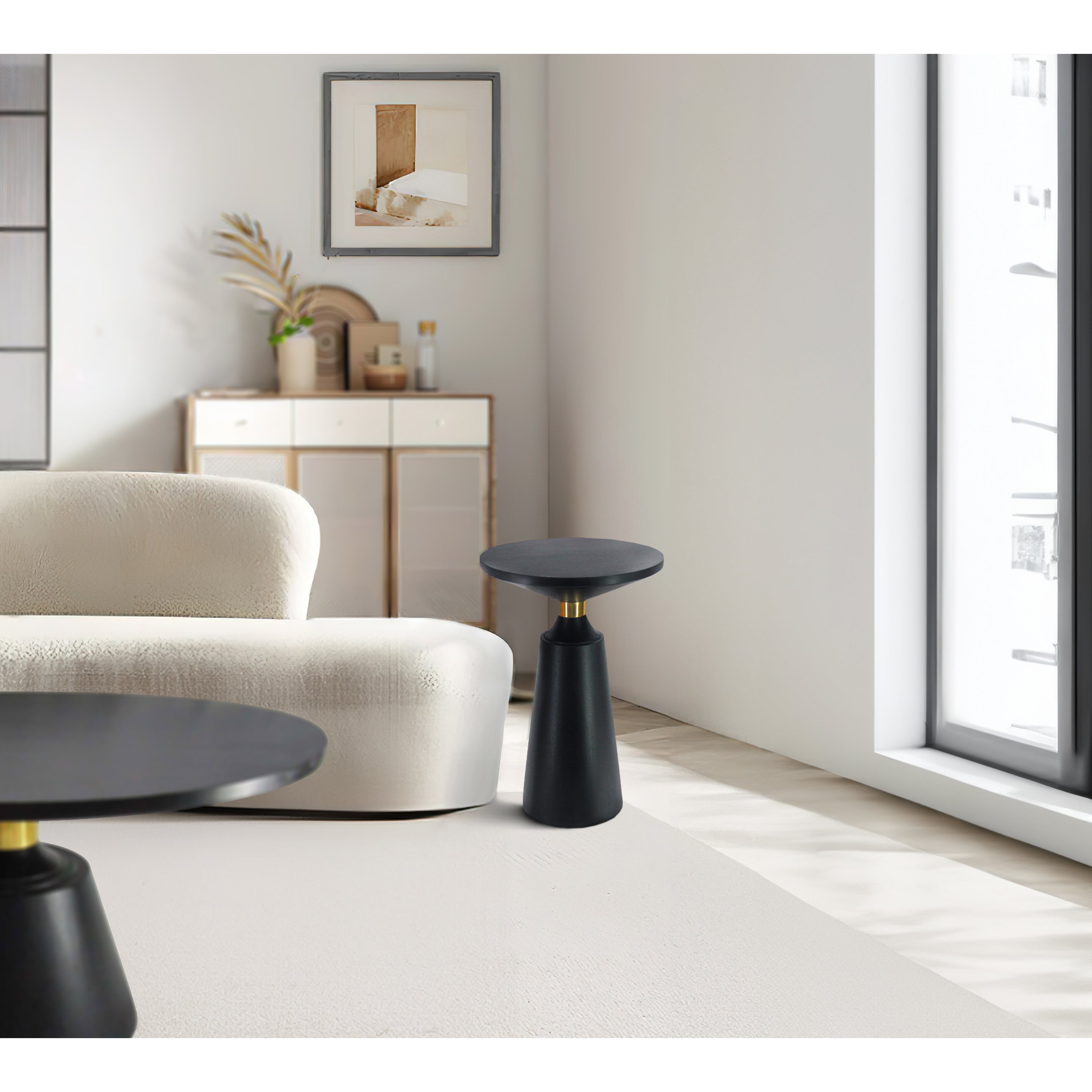 The Urban Port Fawn 20 Inch Side End Table, Black Mango Wood Round Top with Pedestal Base, Shiny Brass Support