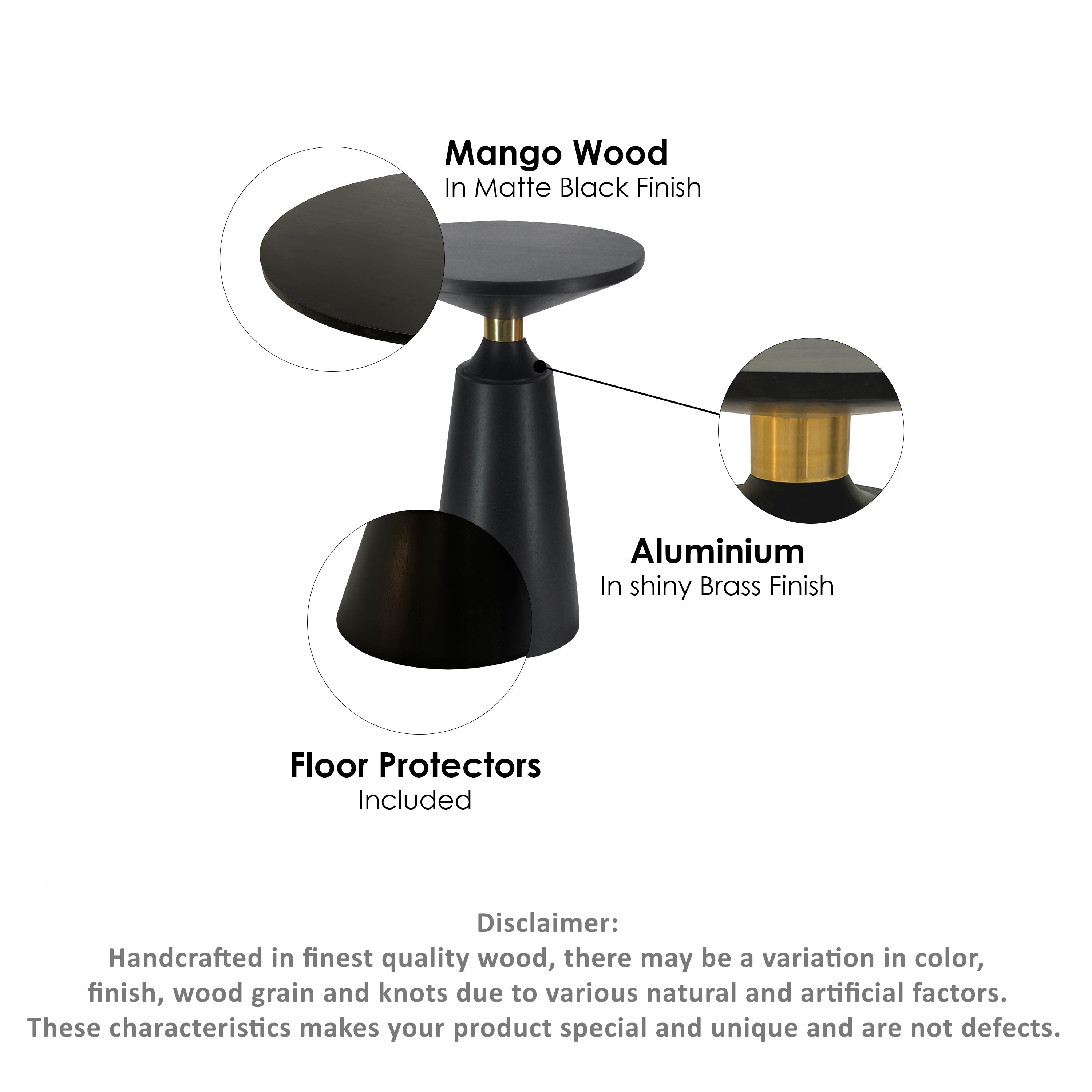 The Urban Port Fawn 20 Inch Side End Table, Black Mango Wood Round Top with Pedestal Base, Shiny Brass Support
