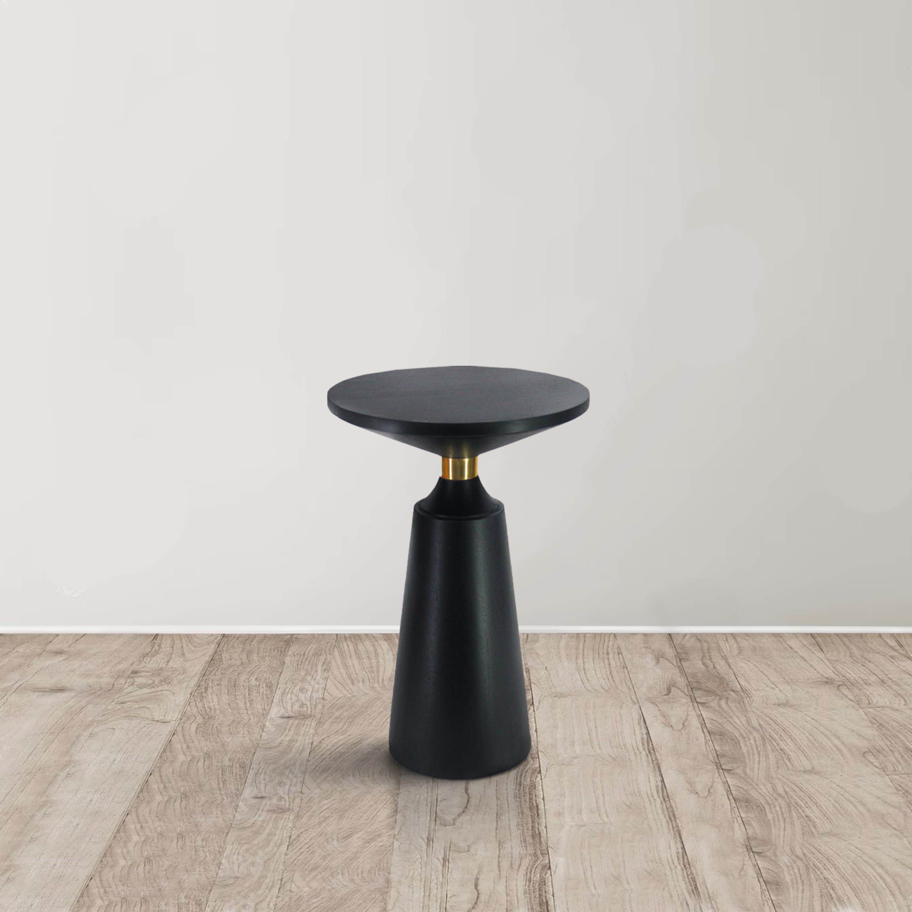 The Urban Port Fawn 20 Inch Side End Table, Black Mango Wood Round Top with Pedestal Base, Shiny Brass Support