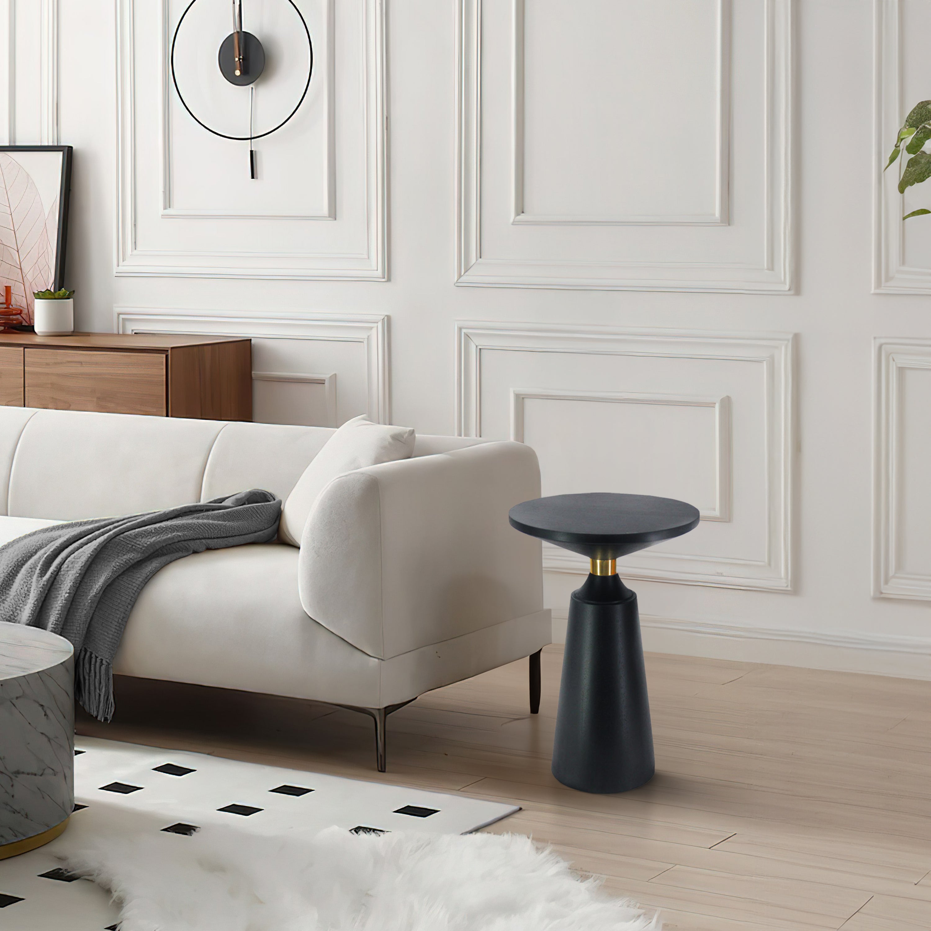 The Urban Port Fawn 20 Inch Side End Table, Black Mango Wood Round Top with Pedestal Base, Shiny Brass Support