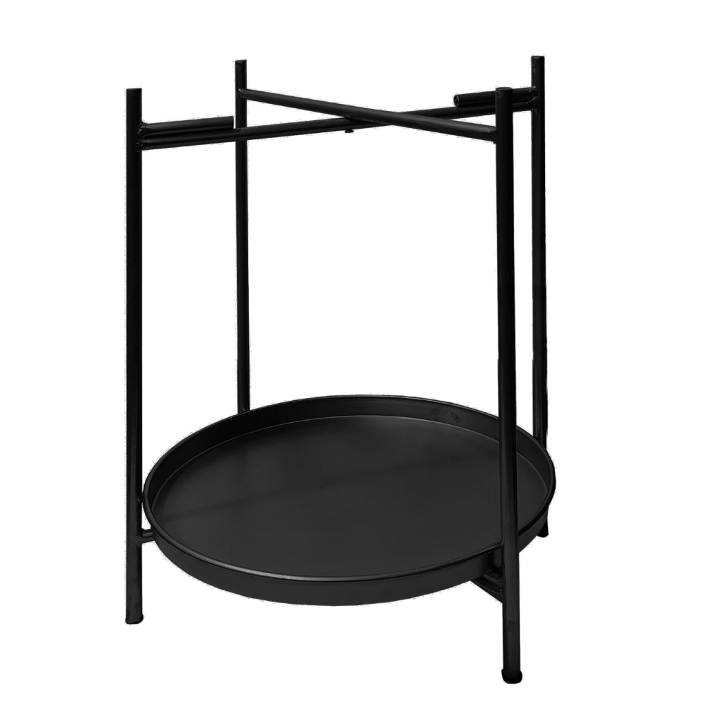 The Urban Port Vica 15 Inch Modern Side End Table, Metal Round Tray Top, Foldable Legs, Black