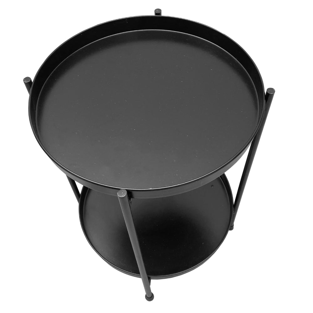 The Urban Port Vica 15 Inch Modern Side End Table, Metal Round Tray Top, Foldable Legs, Black