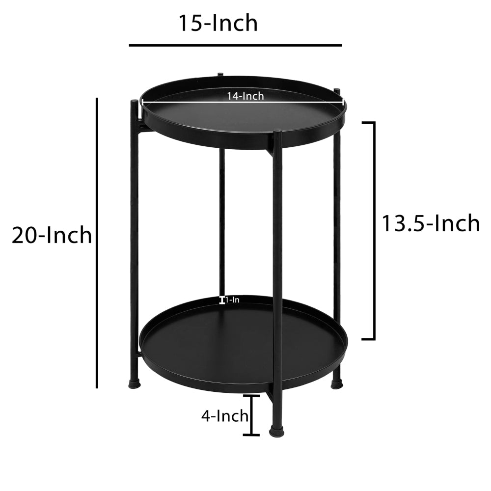 The Urban Port Vica 15 Inch Modern Side End Table, Metal Round Tray Top, Foldable Legs, Black