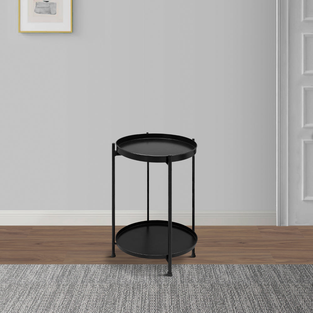 The Urban Port Vica 15 Inch Modern Side End Table, Metal Round Tray Top, Foldable Legs, Black