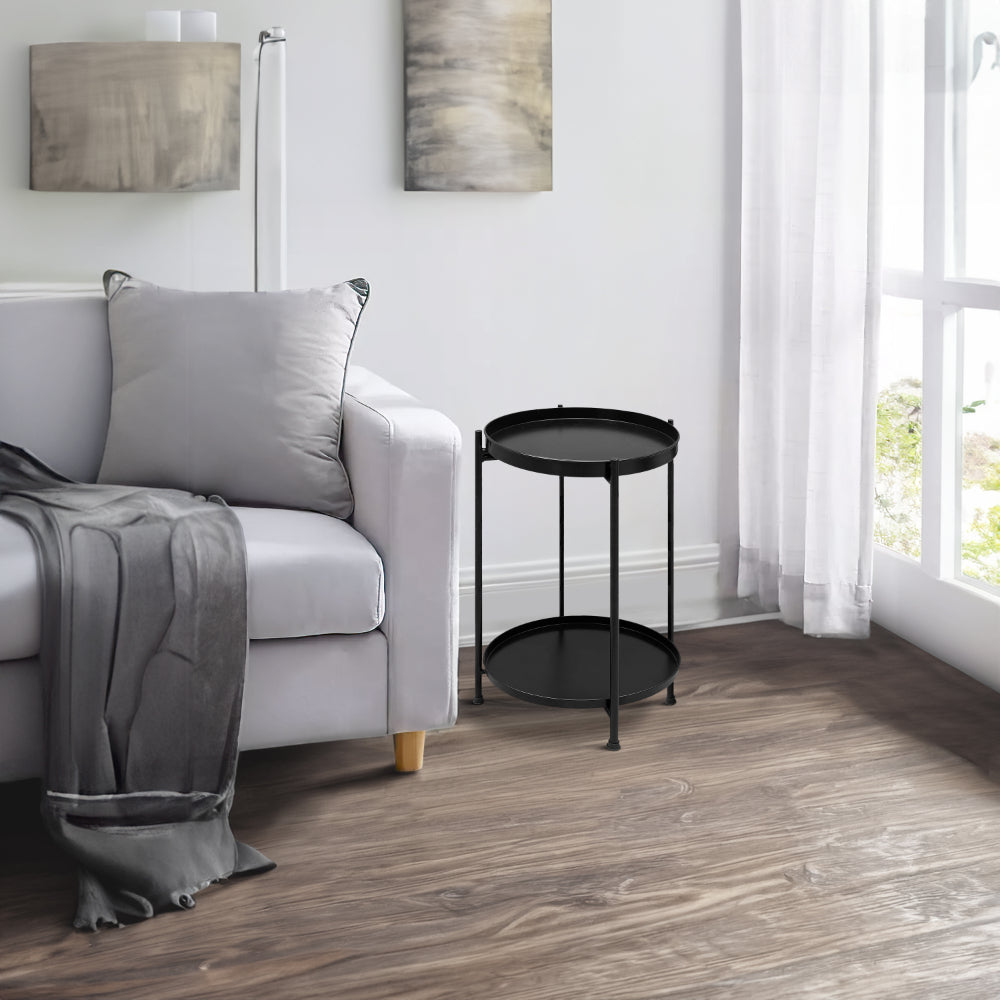 The Urban Port Vica 15 Inch Modern Side End Table, Metal Round Tray Top, Foldable Legs, Black