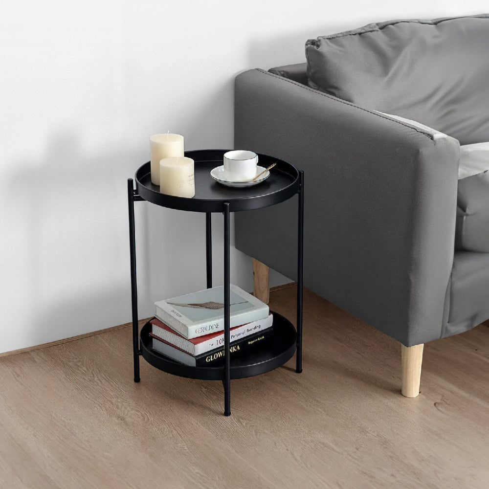 The Urban Port Vica 15 Inch Modern Side End Table, Metal Round Tray Top, Foldable Legs, Black