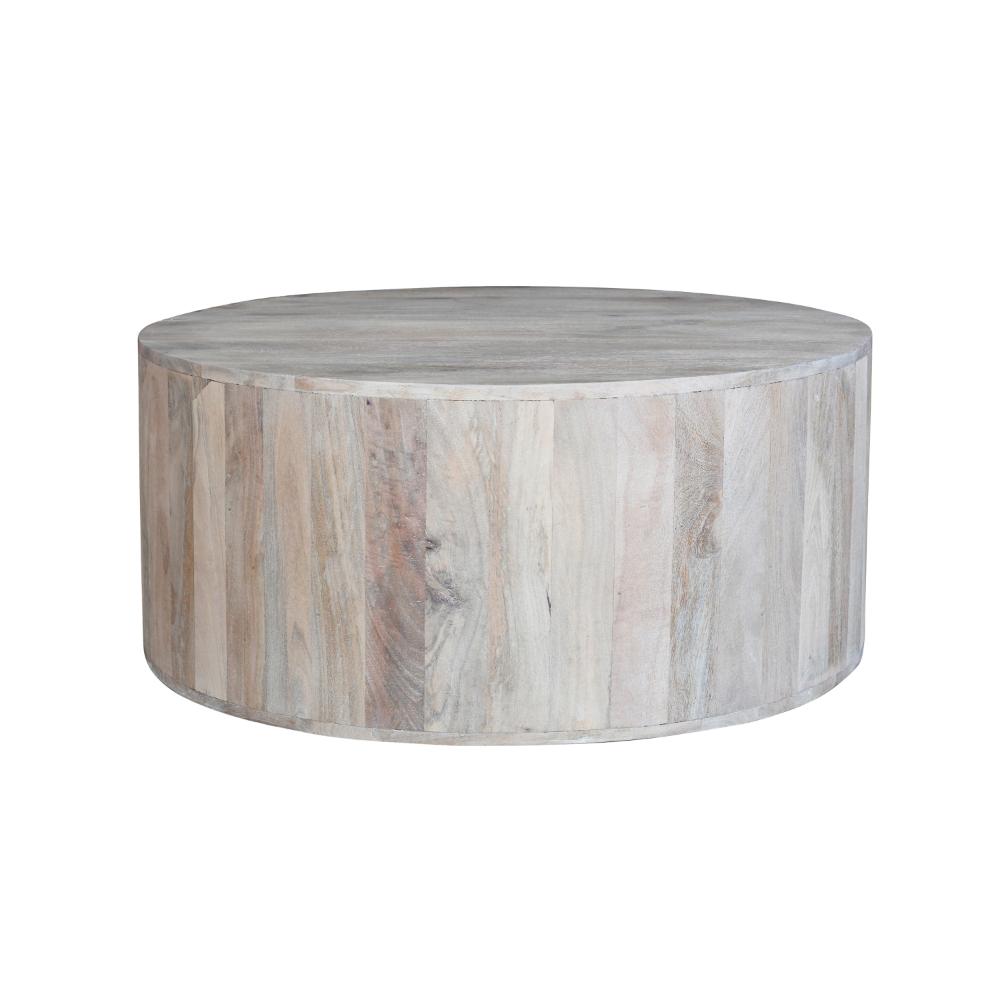 The Urban Port 36 Inch Coffee Table, Handcrafted Drum Shape, Washed White Mango Wood
