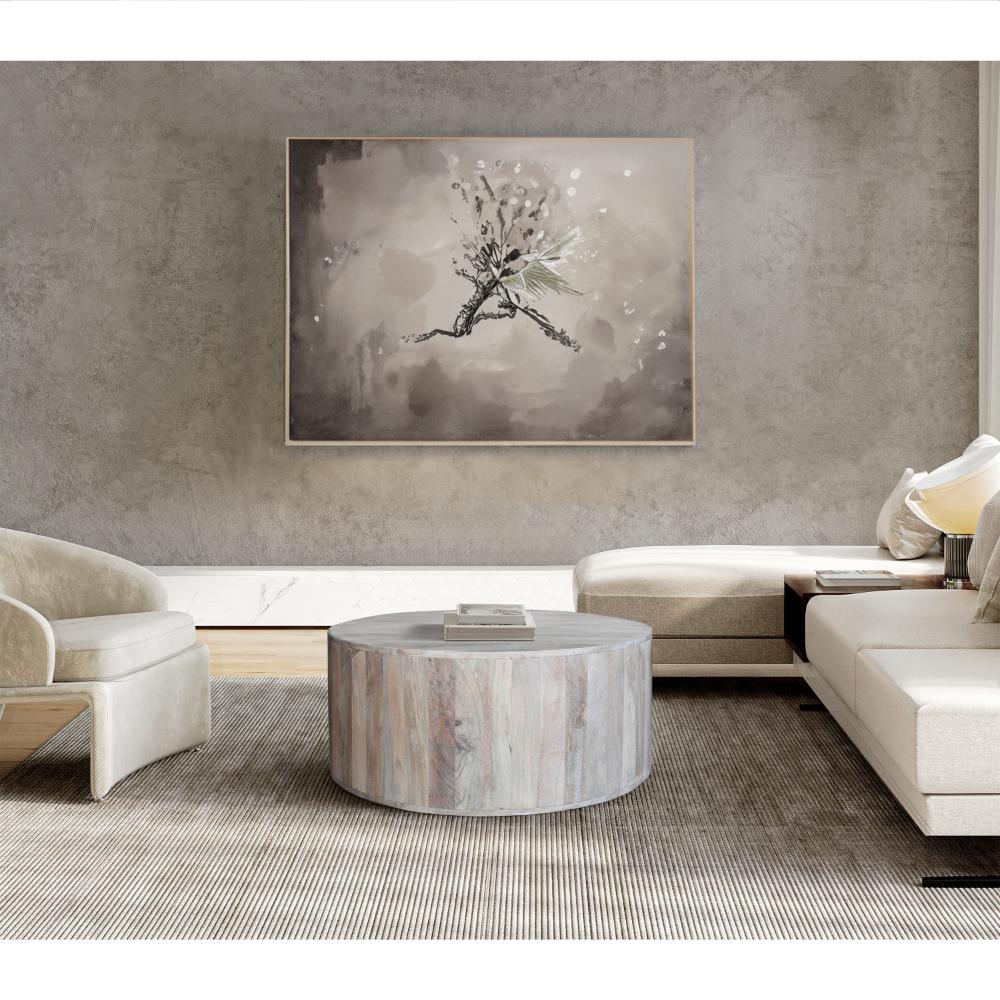 The Urban Port 36 Inch Coffee Table, Handcrafted Drum Shape, Washed White Mango Wood