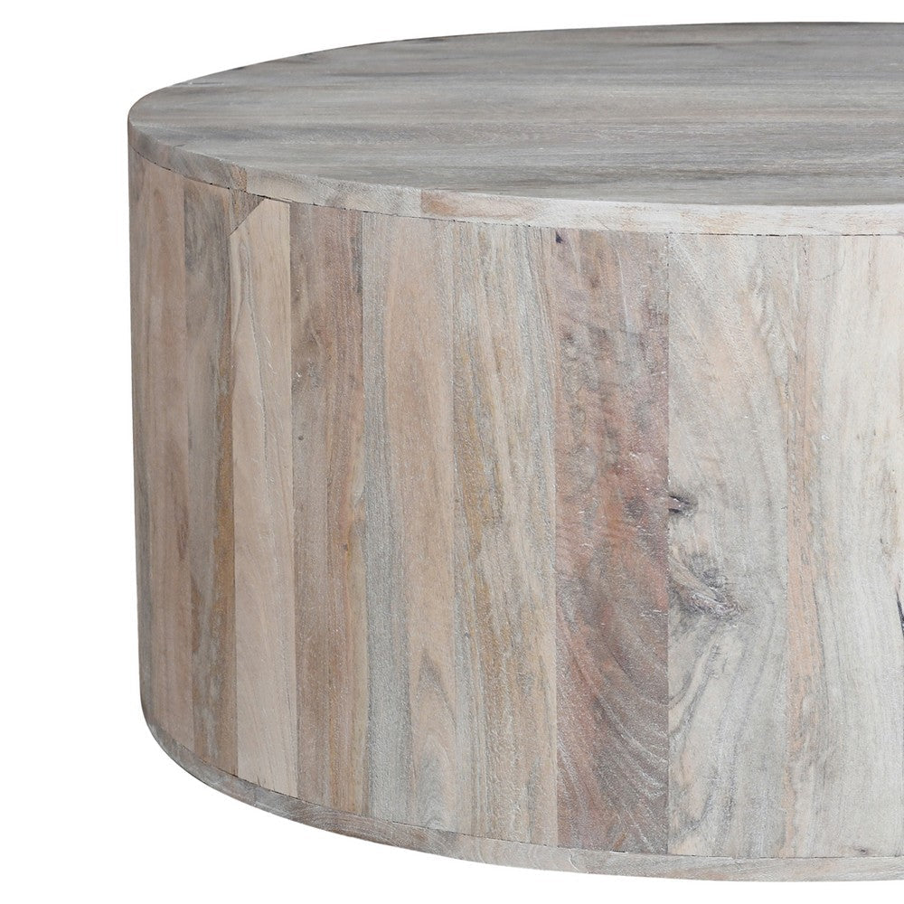 The Urban Port 36 Inch Coffee Table, Handcrafted Drum Shape, Washed White Mango Wood