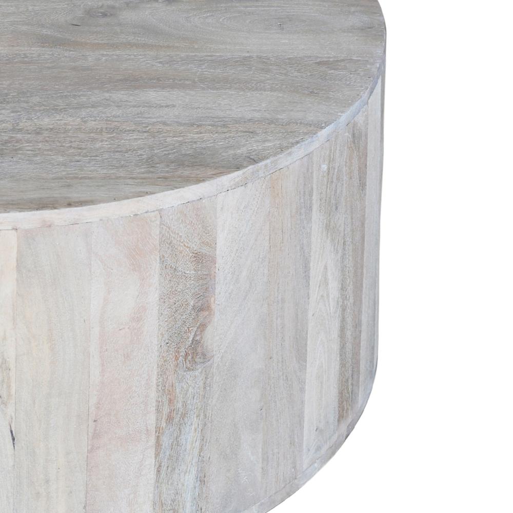 The Urban Port 36 Inch Coffee Table, Handcrafted Drum Shape, Washed White Mango Wood