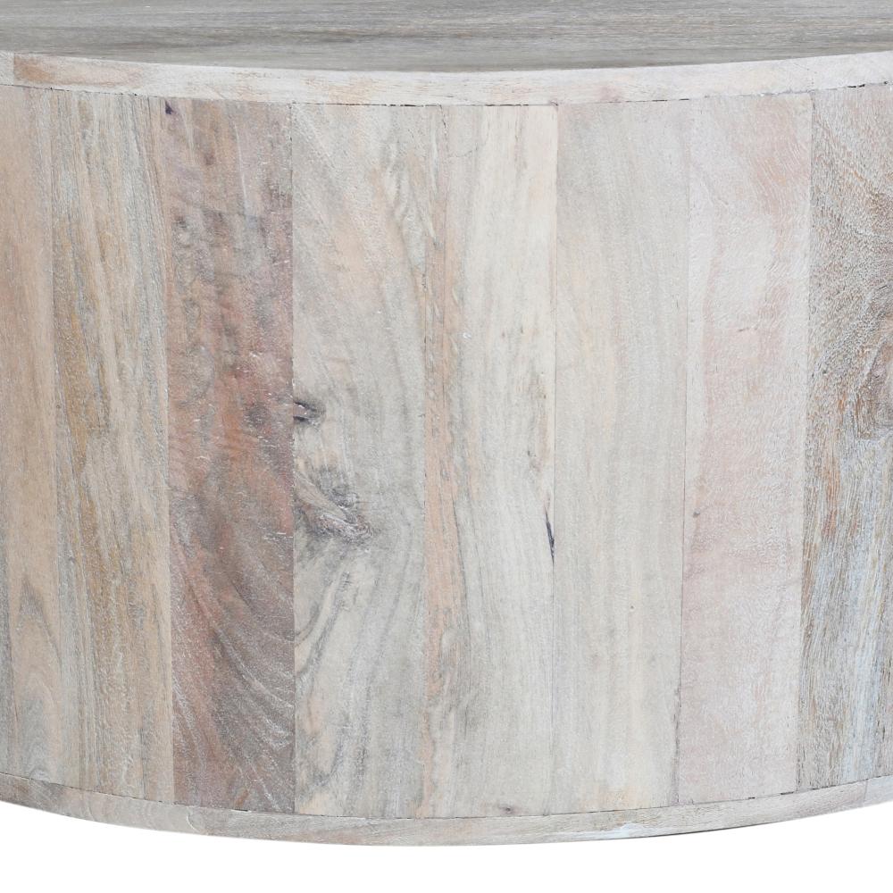 The Urban Port 36 Inch Coffee Table, Handcrafted Drum Shape, Washed White Mango Wood