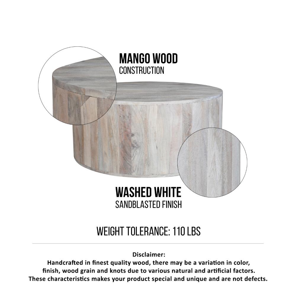 The Urban Port 36 Inch Coffee Table, Handcrafted Drum Shape, Washed White Mango Wood
