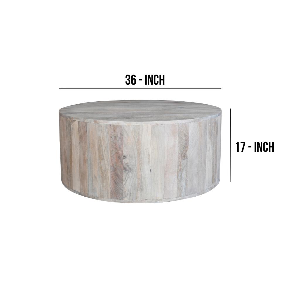 The Urban Port 36 Inch Coffee Table, Handcrafted Drum Shape, Washed White Mango Wood