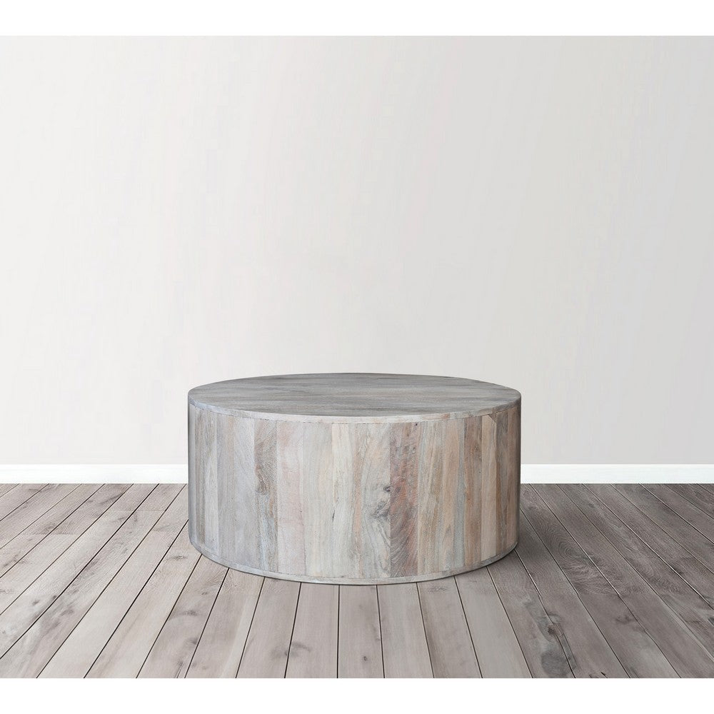 The Urban Port 36 Inch Coffee Table, Handcrafted Drum Shape, Washed White Mango Wood
