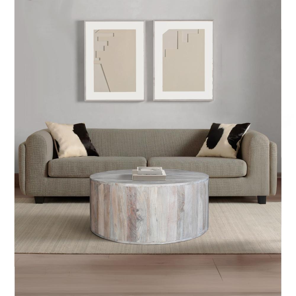 The Urban Port 36 Inch Coffee Table, Handcrafted Drum Shape, Washed White Mango Wood