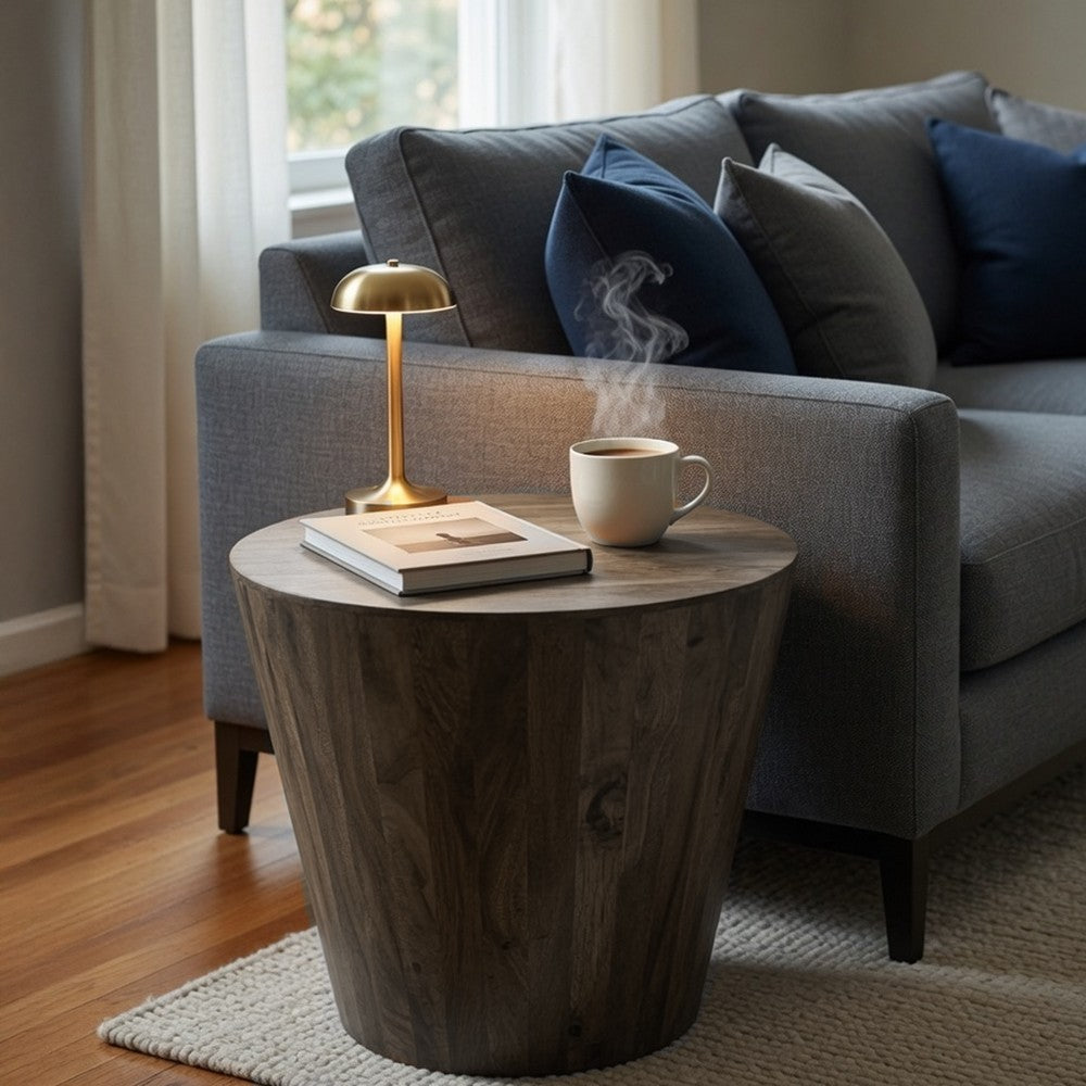 The Urban Port 24 Inch Side End Table, Round Drum Shape, Handcrafted Distressed Gray Mango Wood