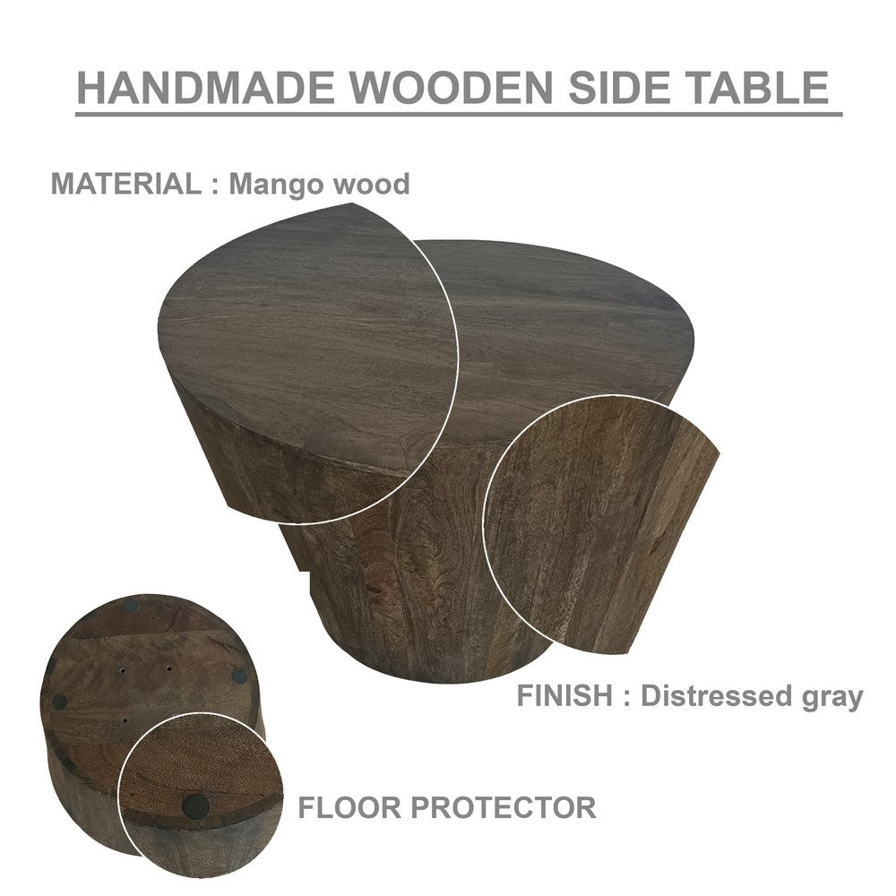 The Urban Port 24 Inch Side End Table, Round Drum Shape, Handcrafted Distressed Gray Mango Wood