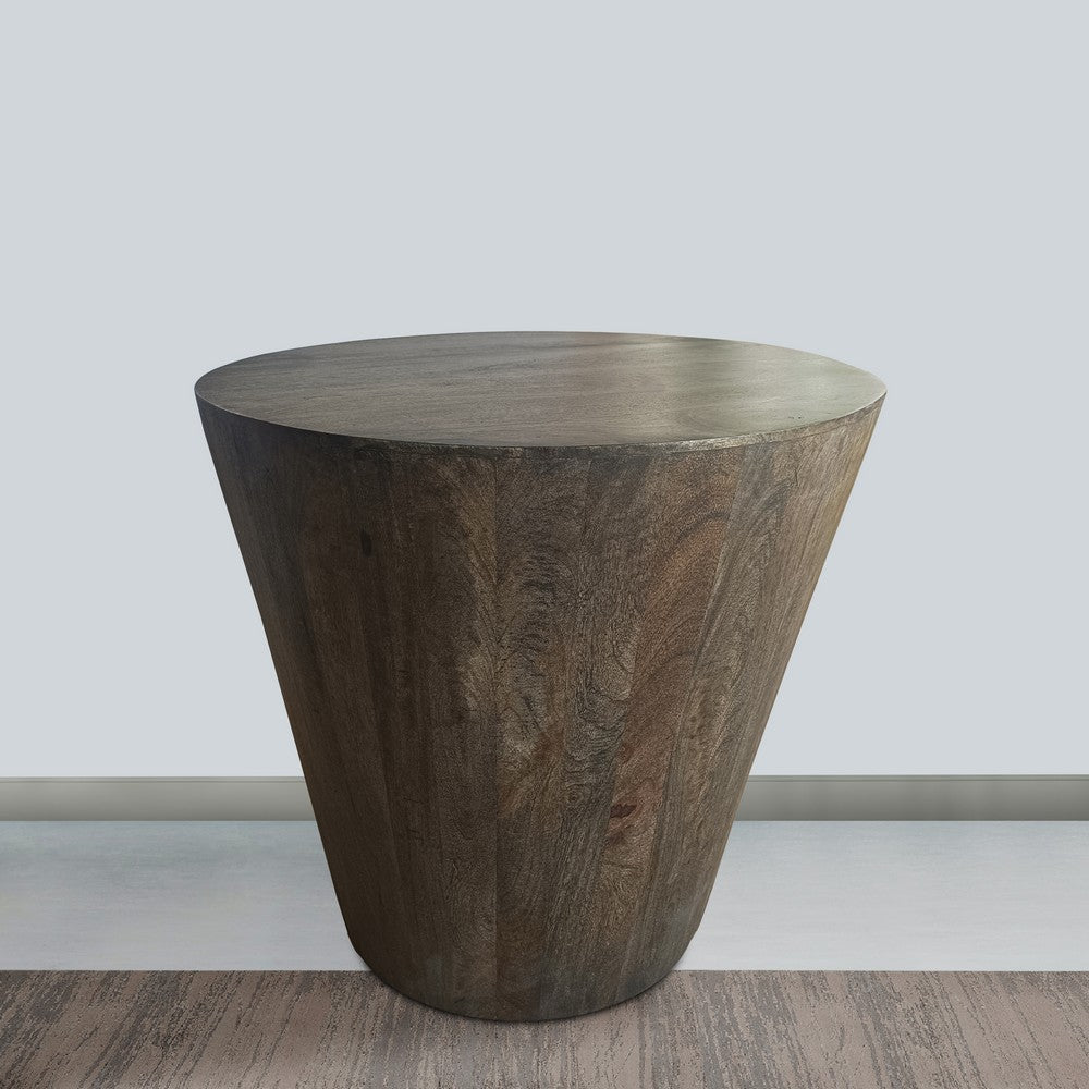 The Urban Port 24 Inch Side End Table, Round Drum Shape, Handcrafted Distressed Gray Mango Wood