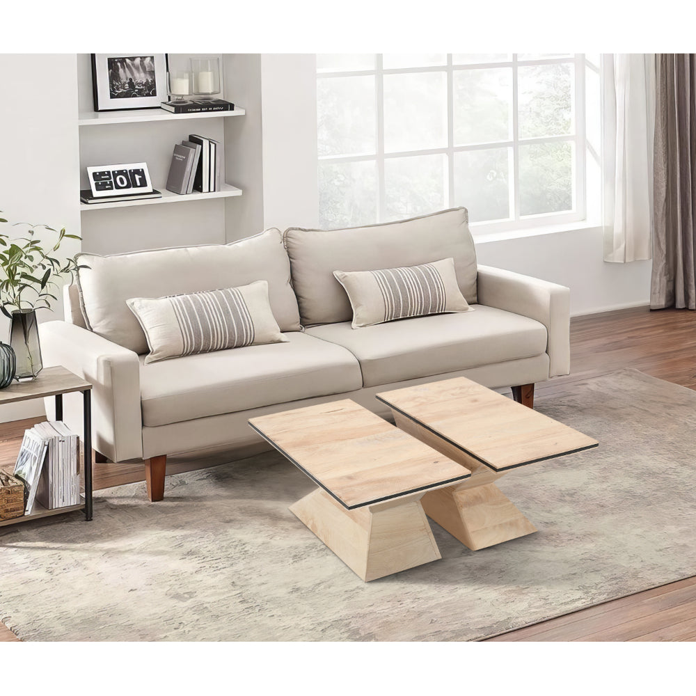 The Urban Port 34 Inch Coffee Table, Handcrafted 2 Piece Split Design with Hourglass Base, White Washed Natural Mango Wood