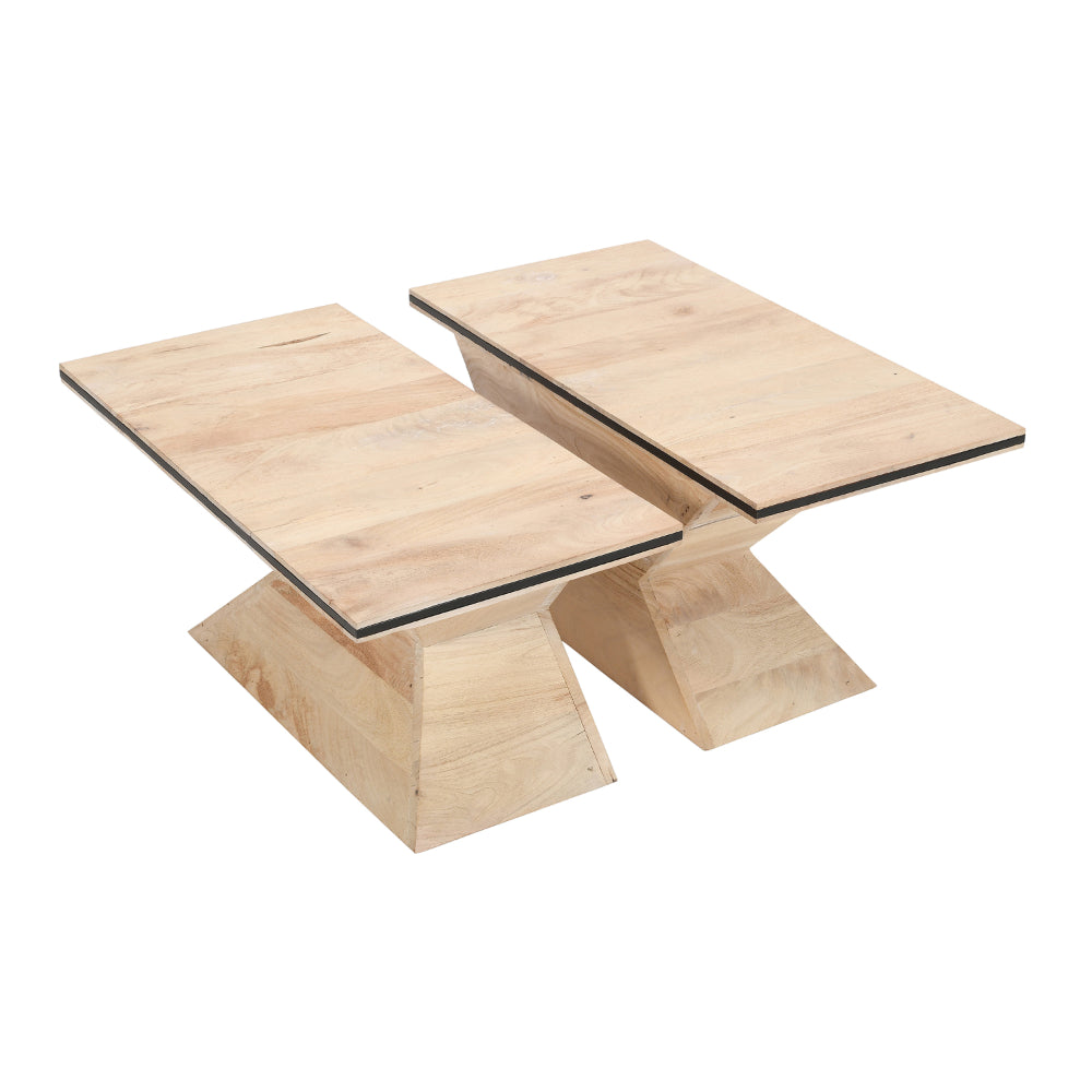 The Urban Port 34 Inch Coffee Table, Handcrafted 2 Piece Split Design with Hourglass Base, White Washed Natural Mango Wood