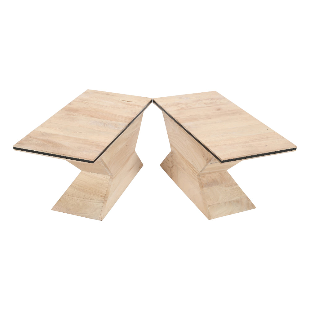 The Urban Port 34 Inch Coffee Table, Handcrafted 2 Piece Split Design with Hourglass Base, White Washed Natural Mango Wood