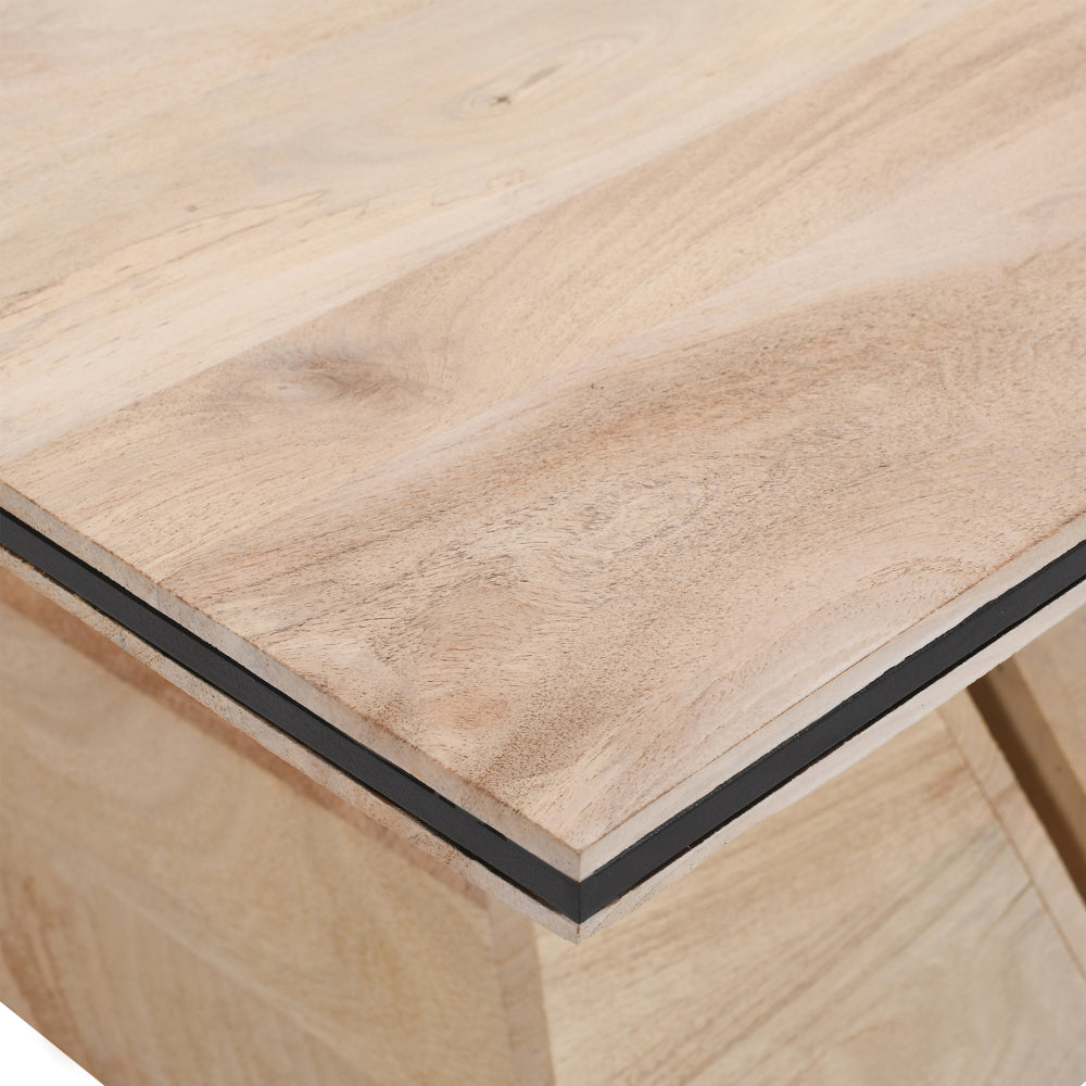 The Urban Port 34 Inch Coffee Table, Handcrafted 2 Piece Split Design with Hourglass Base, White Washed Natural Mango Wood