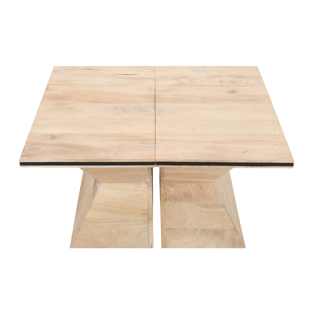 The Urban Port 34 Inch Coffee Table, Handcrafted 2 Piece Split Design with Hourglass Base, White Washed Natural Mango Wood