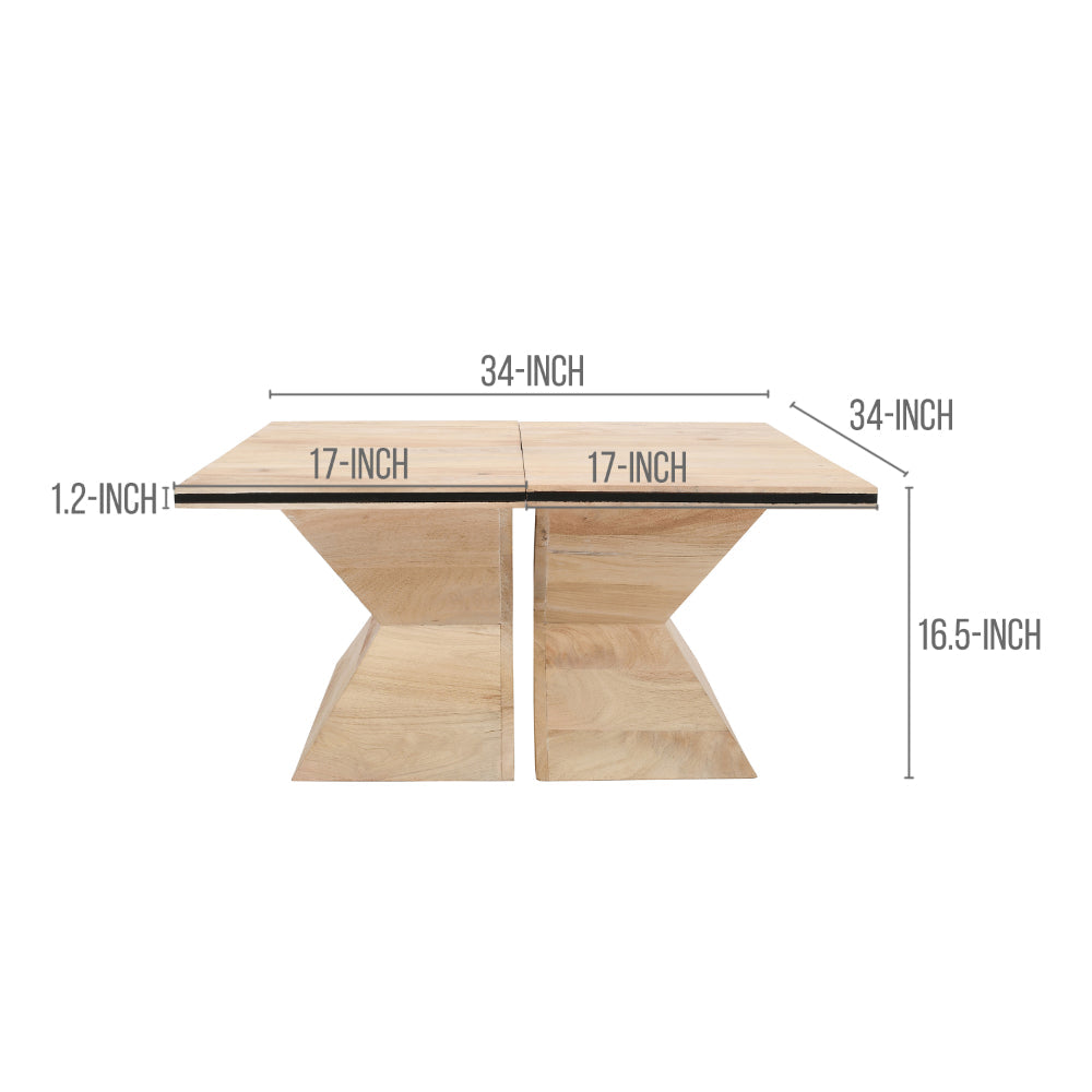 The Urban Port 34 Inch Coffee Table, Handcrafted 2 Piece Split Design with Hourglass Base, White Washed Natural Mango Wood