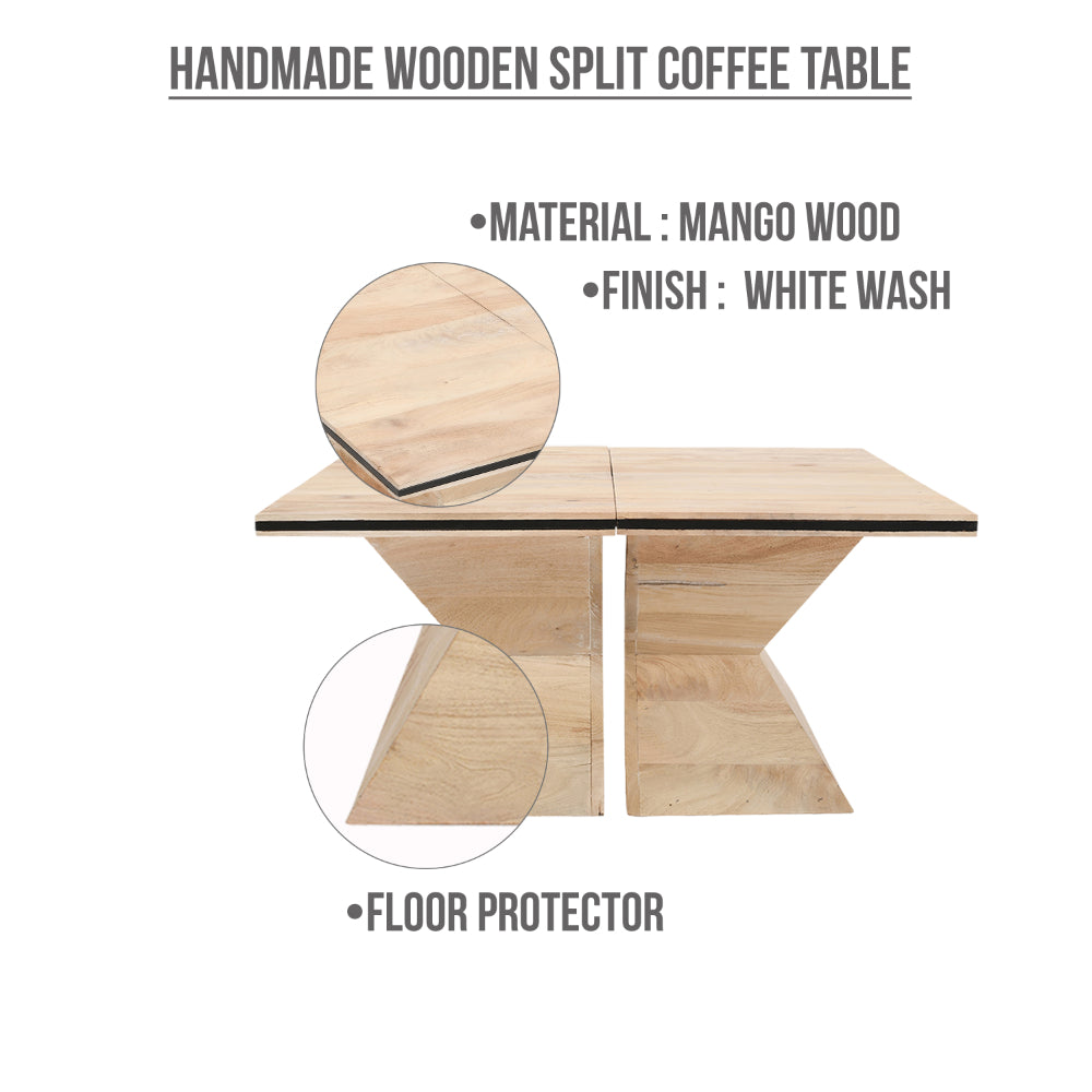 The Urban Port 34 Inch Coffee Table, Handcrafted 2 Piece Split Design with Hourglass Base, White Washed Natural Mango Wood