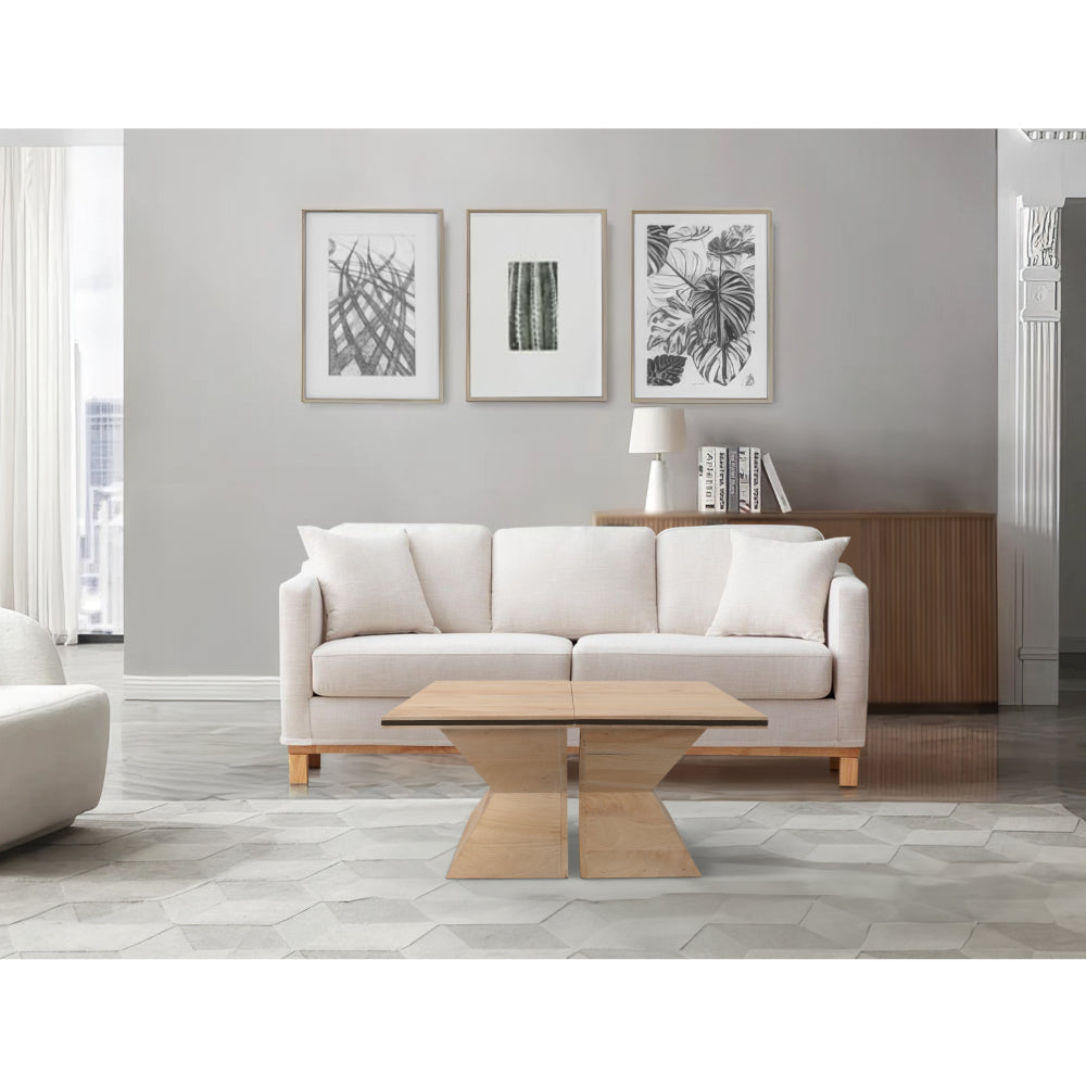 The Urban Port 34 Inch Coffee Table, Handcrafted 2 Piece Split Design with Hourglass Base, White Washed Natural Mango Wood