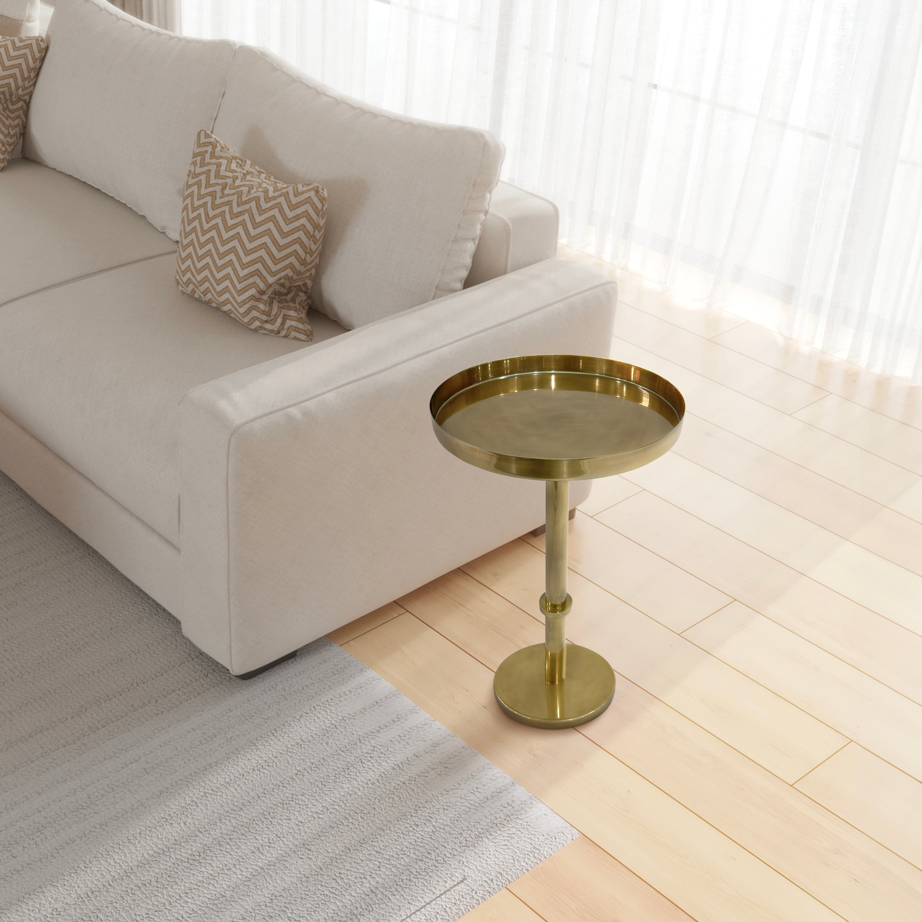 The Urban Port Ara 22 Inch Side End Table, Vintage Sleek Pillar Base, Round Tray Top, Oxidized Antique Brass