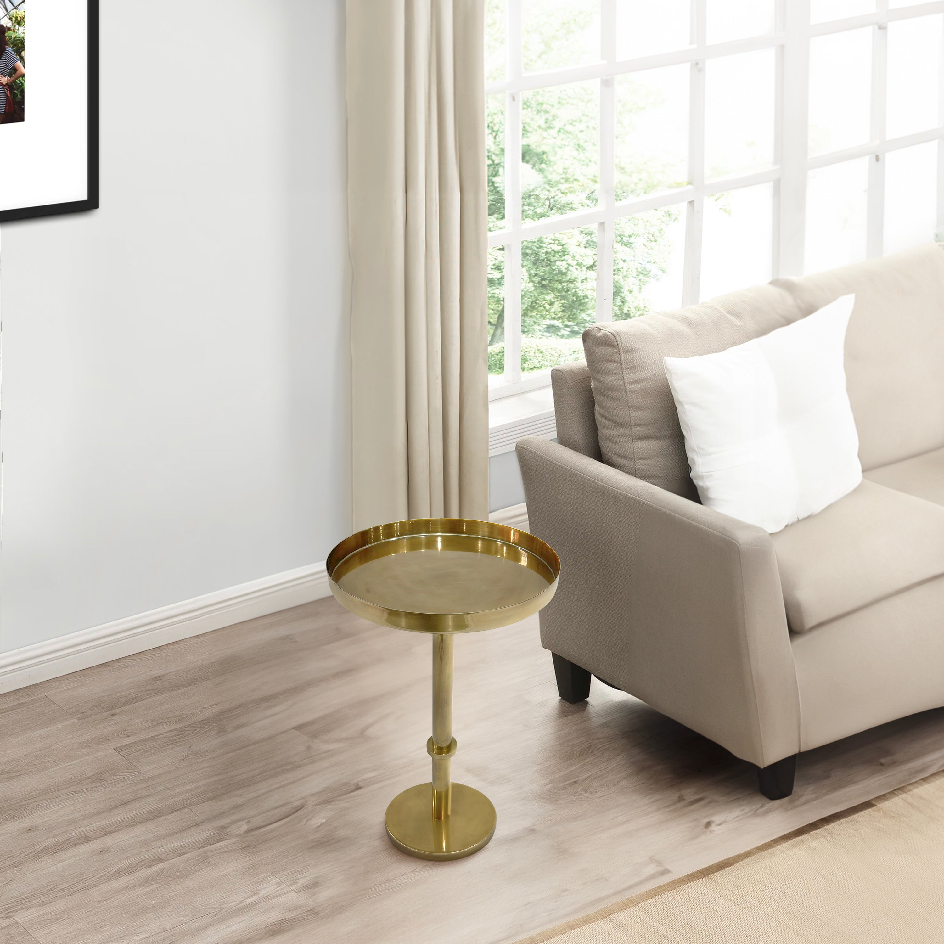 The Urban Port Ara 22 Inch Side End Table, Vintage Sleek Pillar Base, Round Tray Top, Oxidized Antique Brass