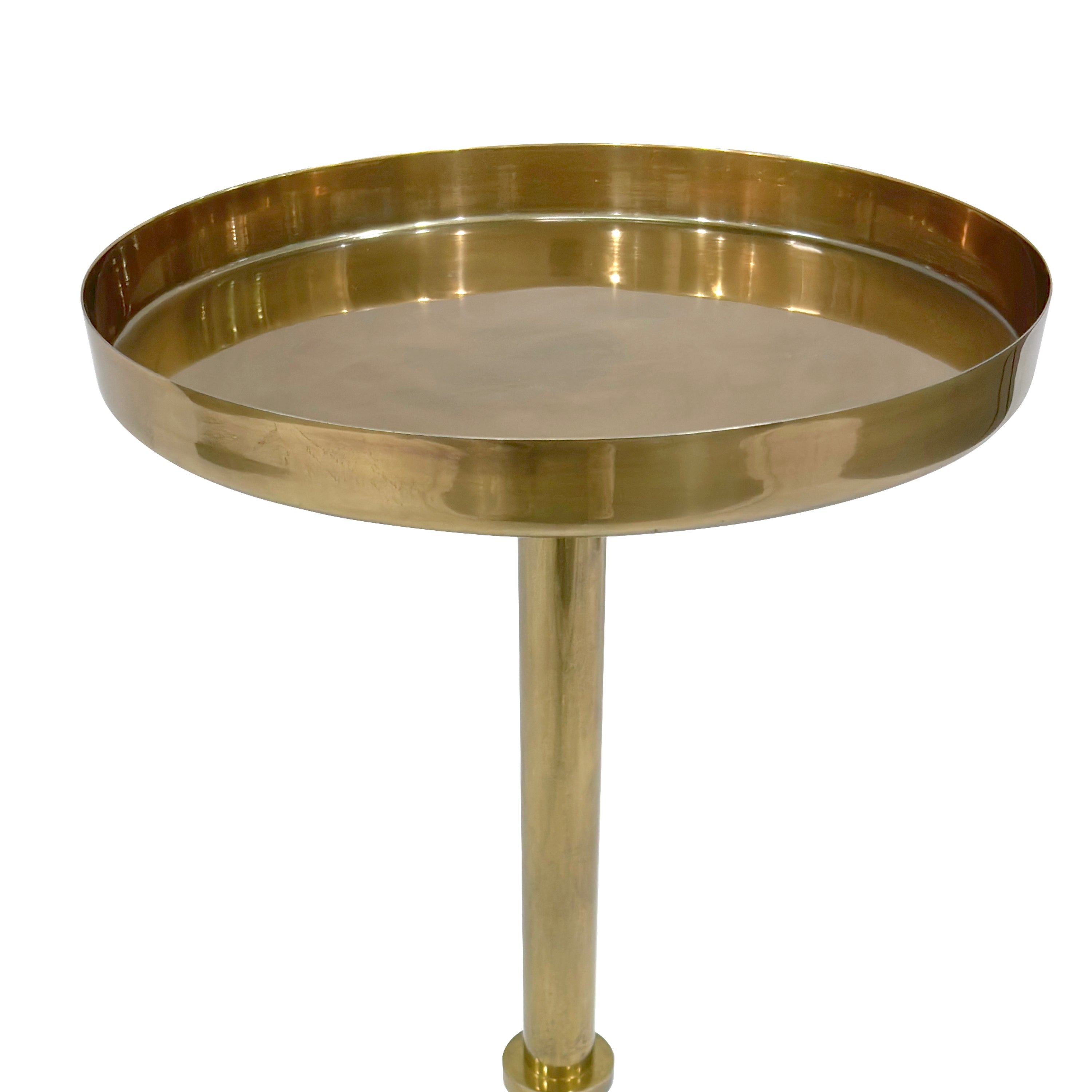 The Urban Port Ara 22 Inch Side End Table, Vintage Sleek Pillar Base, Round Tray Top, Oxidized Antique Brass