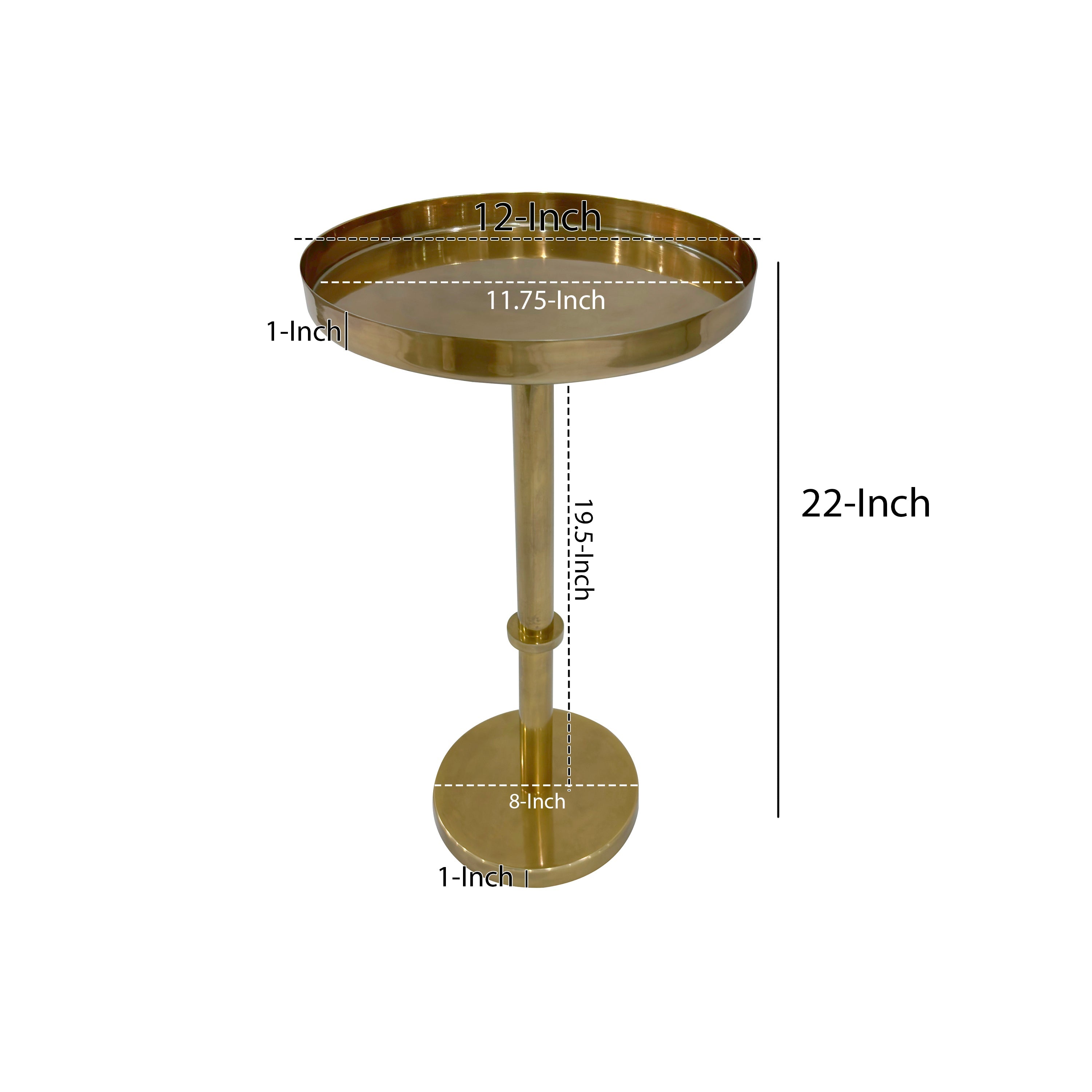 The Urban Port Ara 22 Inch Side End Table, Vintage Sleek Pillar Base, Round Tray Top, Oxidized Antique Brass