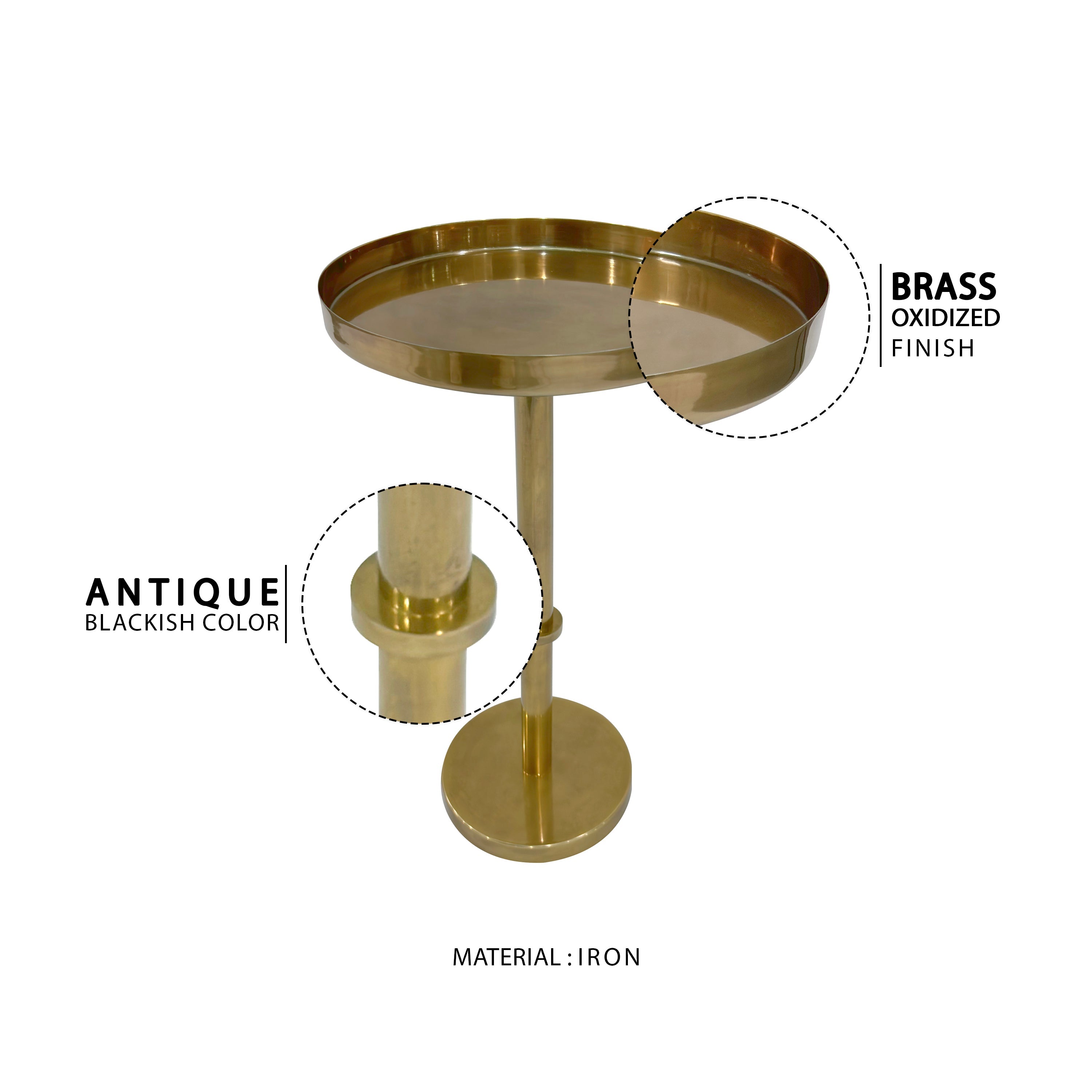 The Urban Port Ara 22 Inch Side End Table, Vintage Sleek Pillar Base, Round Tray Top, Oxidized Antique Brass