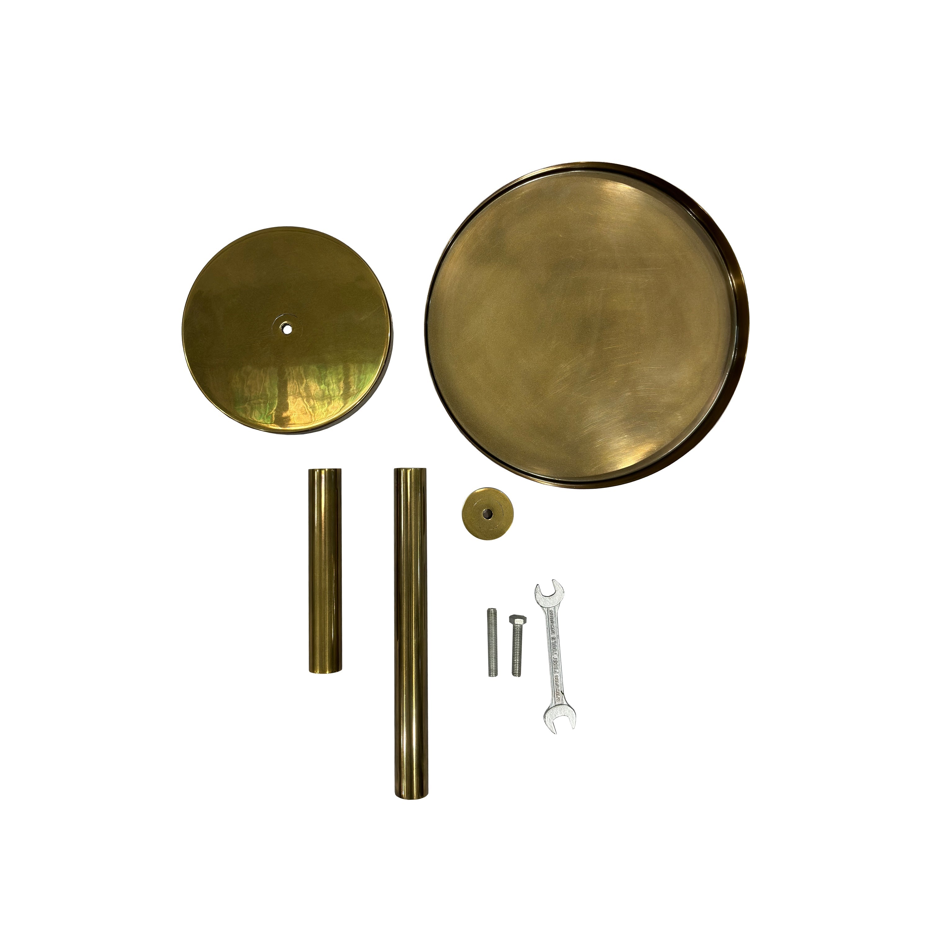 The Urban Port Ara 22 Inch Side End Table, Vintage Sleek Pillar Base, Round Tray Top, Oxidized Antique Brass