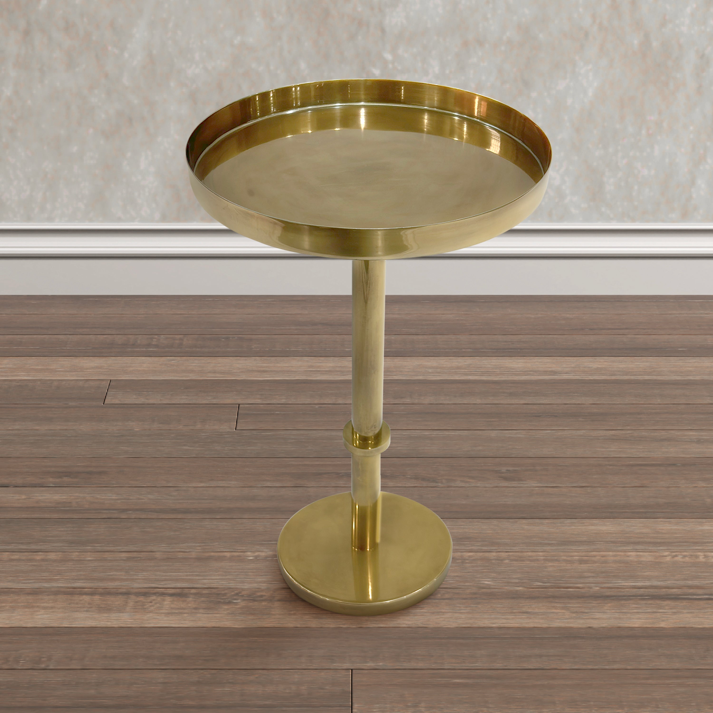 The Urban Port Ara 22 Inch Side End Table, Vintage Sleek Pillar Base, Round Tray Top, Oxidized Antique Brass