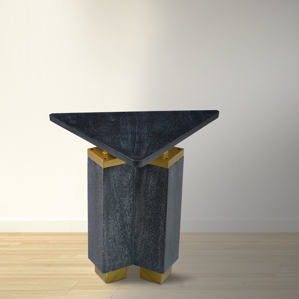 The Urban Port Andes Modern Triangular End Table - Handcrafted with Gold Brass Trim And Sandblasted Black Finish, 20 Inch