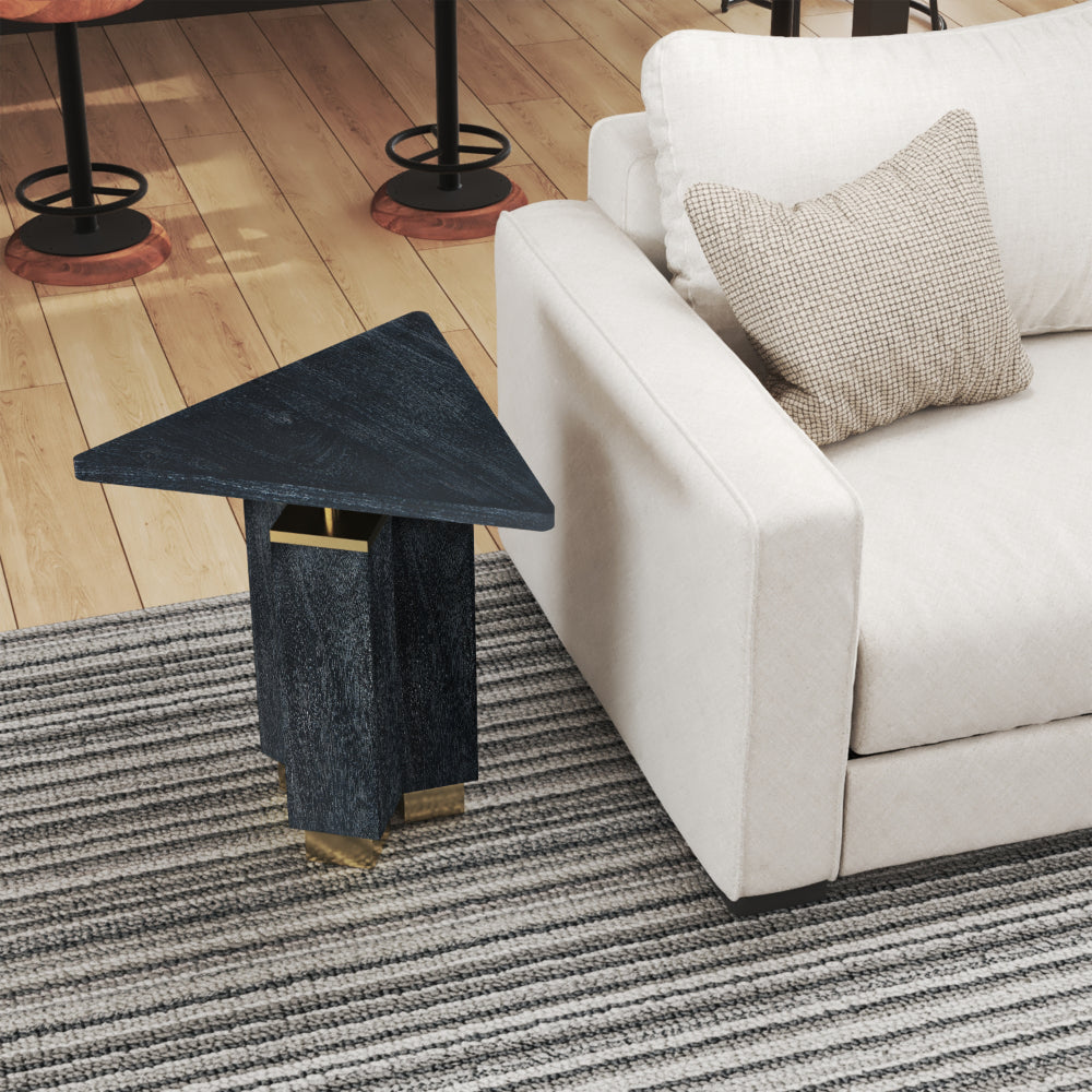 The Urban Port Andes Modern Triangular End Table - Handcrafted with Gold Brass Trim And Sandblasted Black Finish, 20 Inch