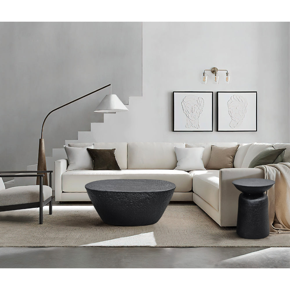 The Urban Port Josi 36 Inch Coffee Table, Handcrafted Hammered Design, Matte Black Sculptural Aluminum Frame