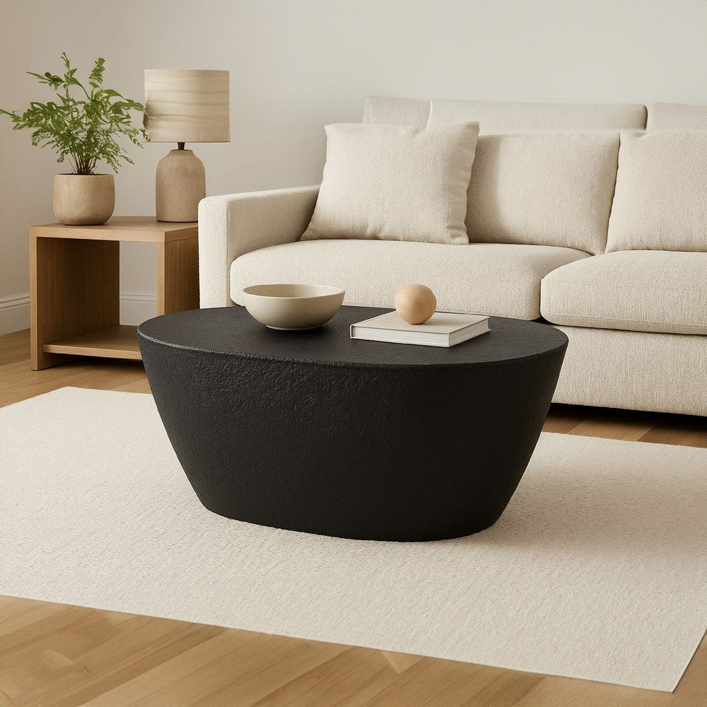 The Urban Port Josi 36 Inch Coffee Table, Handcrafted Hammered Design, Matte Black Sculptural Aluminum Frame