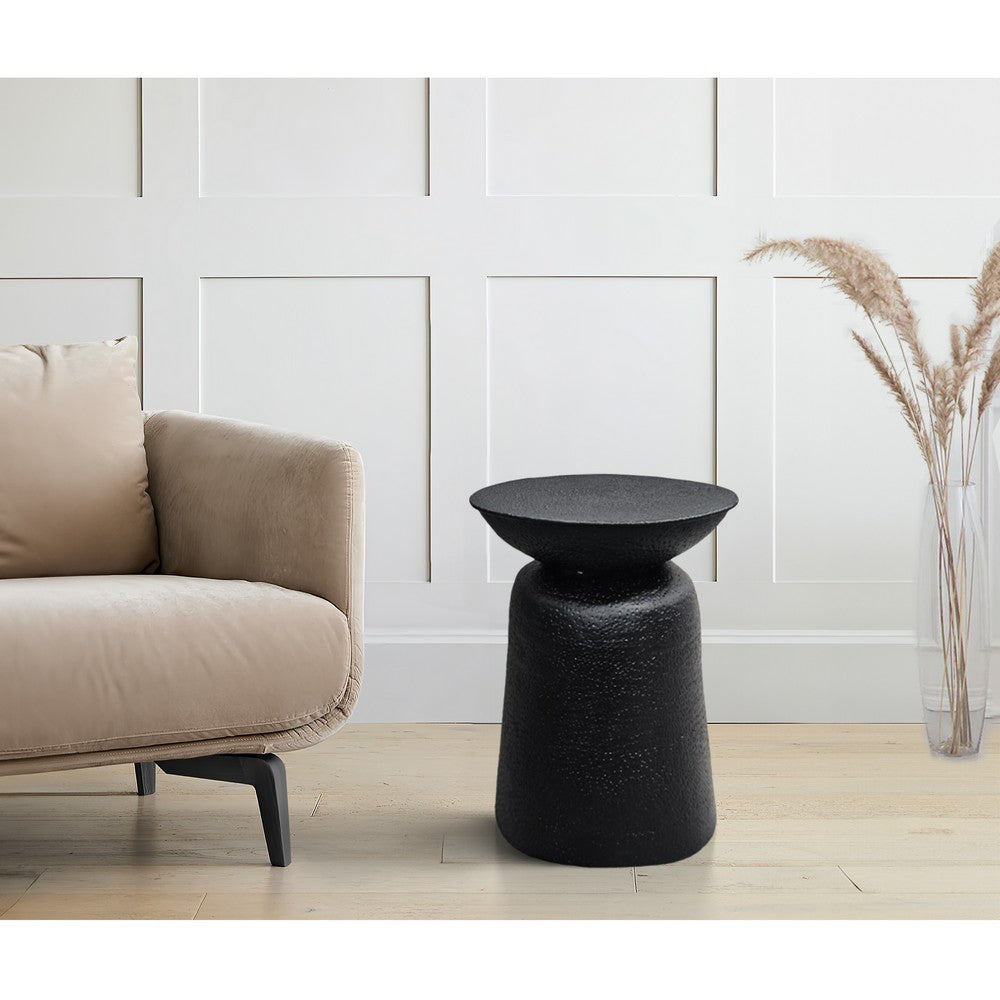 The Urban Port Josi 21 Inch Round Side End Table, Handcrafted Hammered Design, Drum Pedestal Aluminum Base, Matte Black