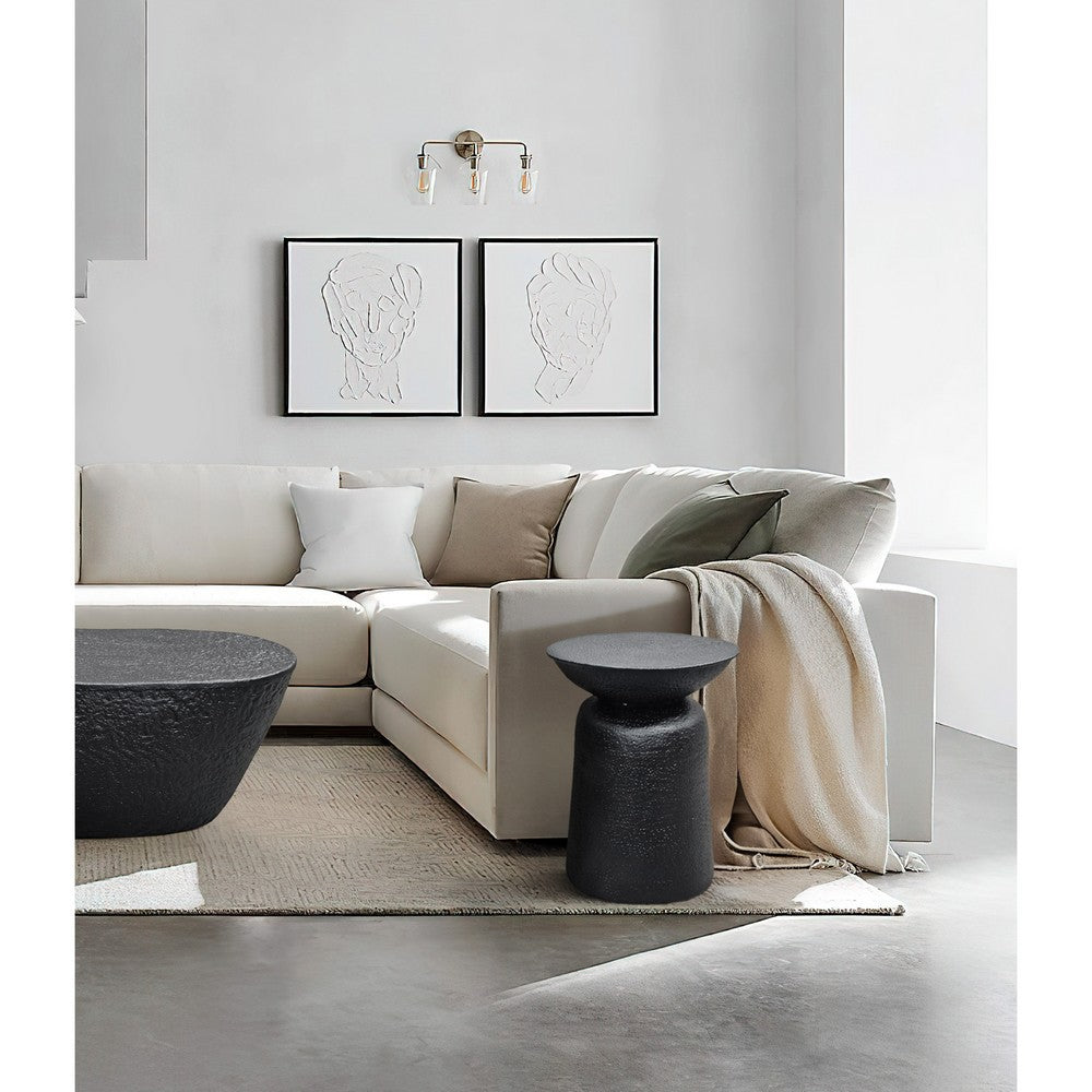 The Urban Port Josi 21 Inch Round Side End Table, Handcrafted Hammered Design, Drum Pedestal Aluminum Base, Matte Black