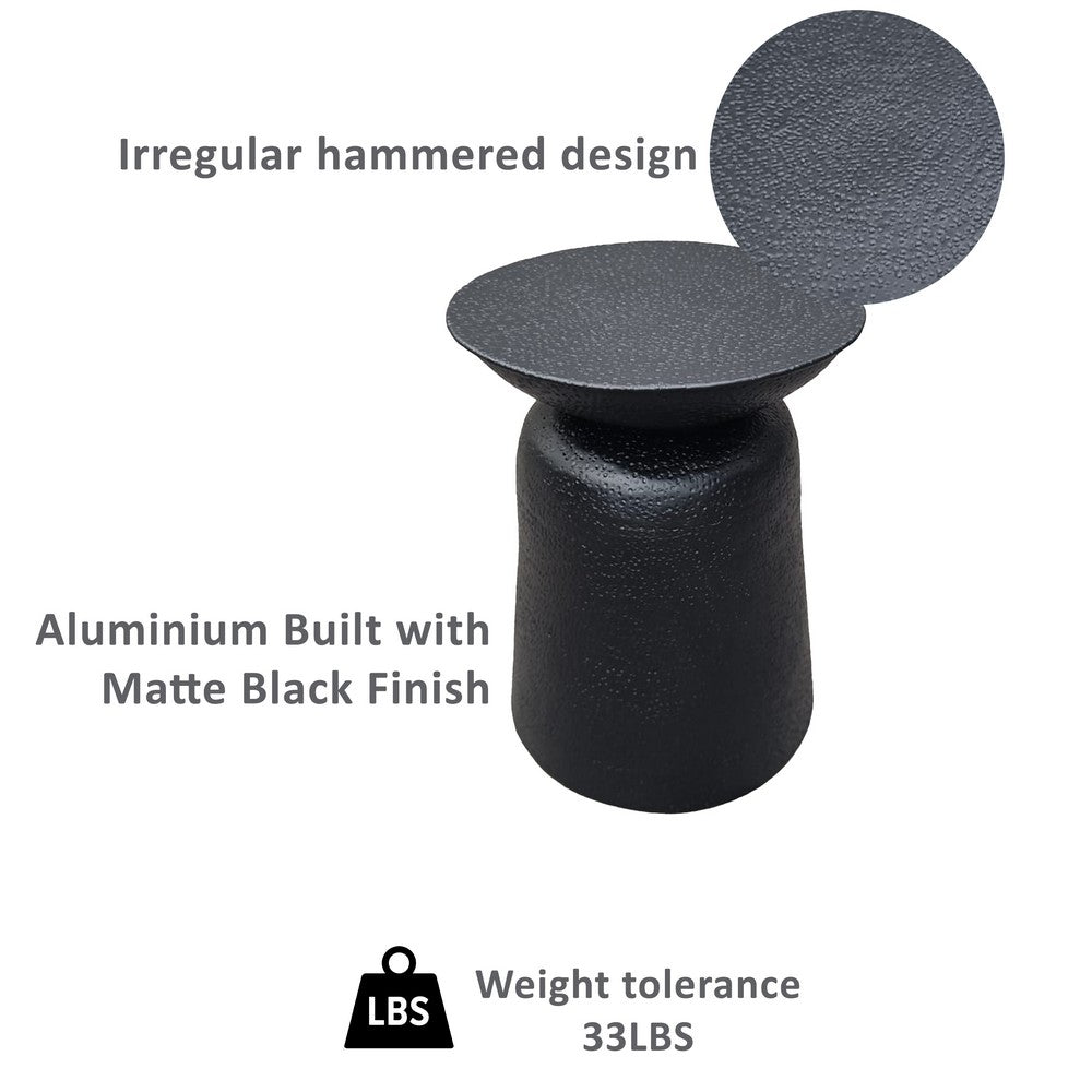 The Urban Port Josi 21 Inch Round Side End Table, Handcrafted Hammered Design, Drum Pedestal Aluminum Base, Matte Black