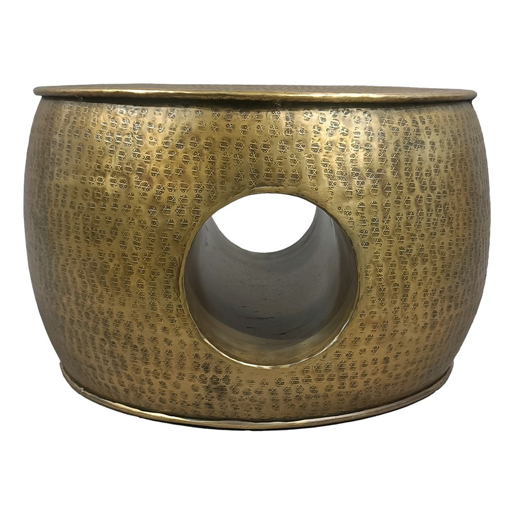 The Urban Port Nala 23 Inch Coffee Table, Low Round Drum Shape with Unique Hollow Center, Antique Brass Aluminum