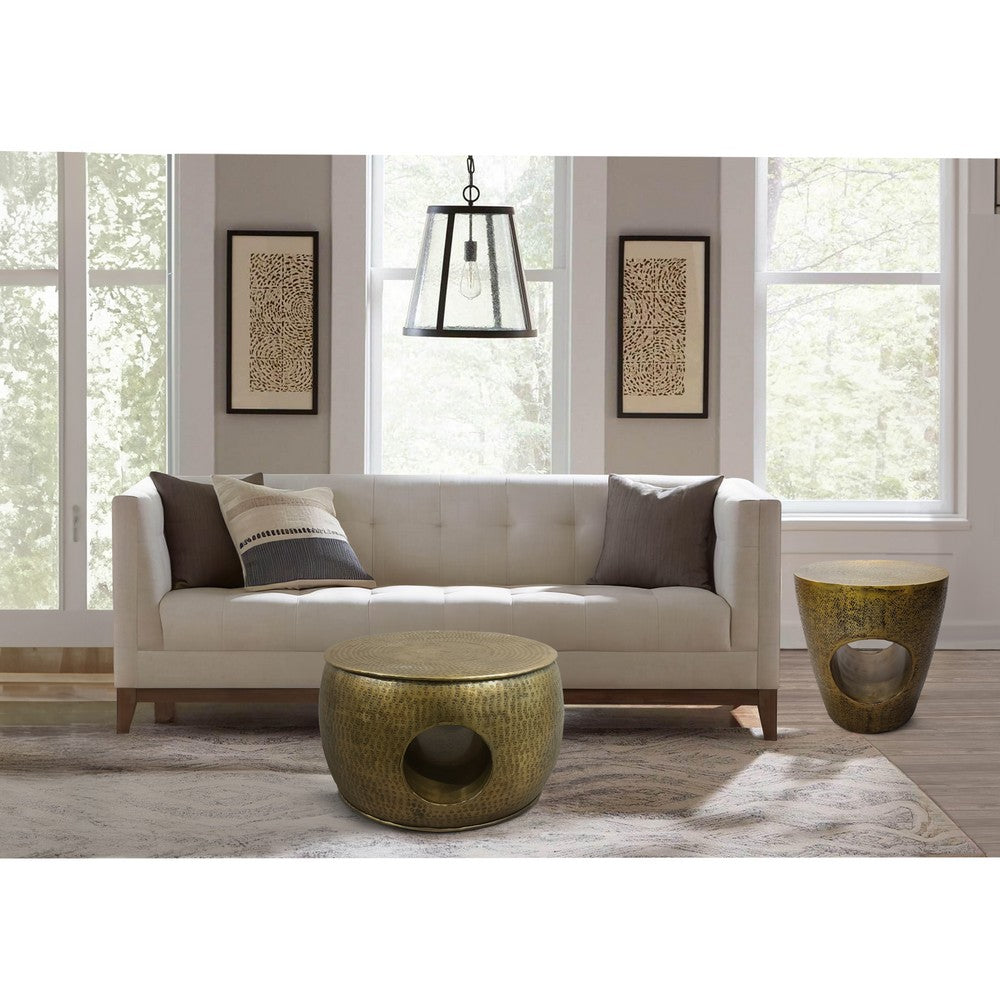 The Urban Port Nala 23 Inch Coffee Table, Low Round Drum Shape with Unique Hollow Center, Antique Brass Aluminum