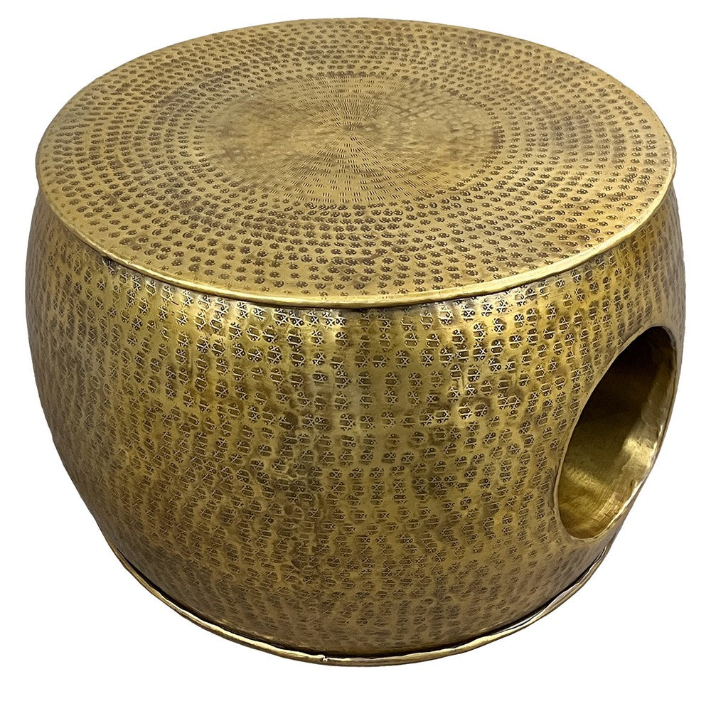 The Urban Port Nala 23 Inch Coffee Table, Low Round Drum Shape with Unique Hollow Center, Antique Brass Aluminum