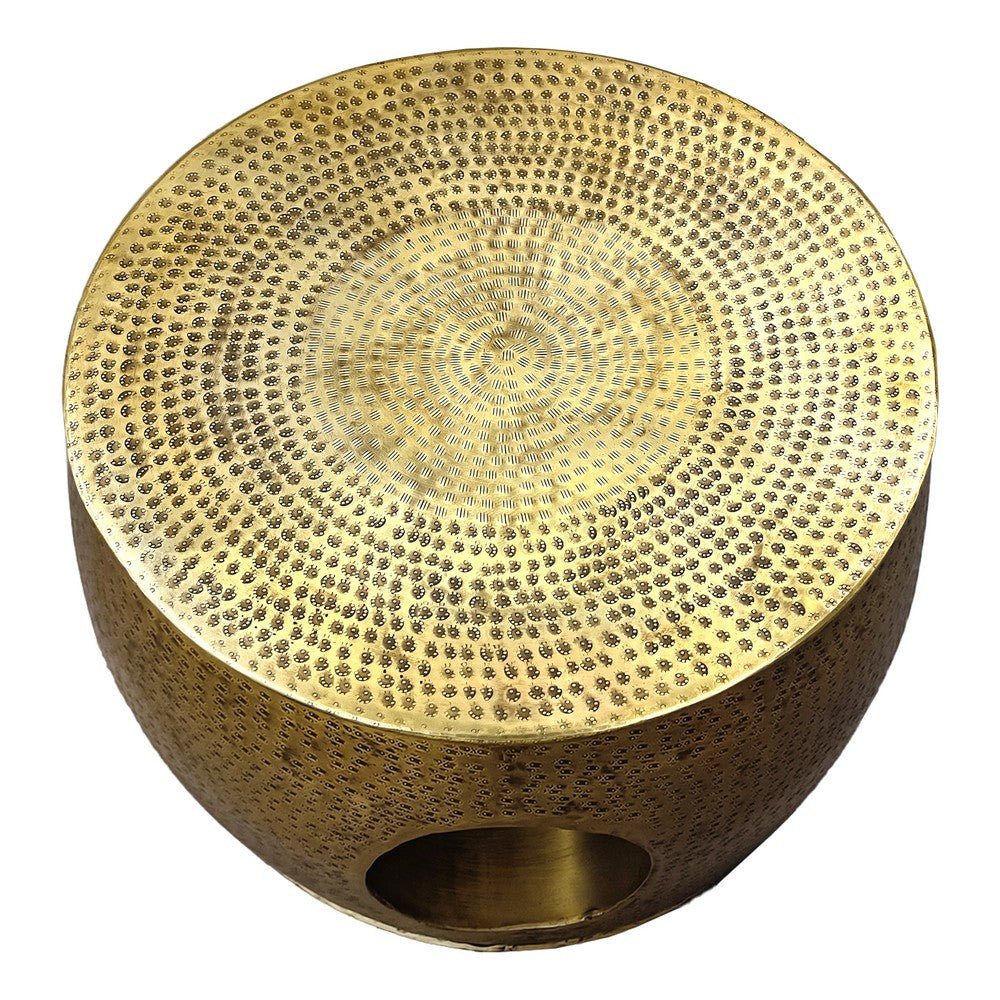 The Urban Port Nala 23 Inch Coffee Table, Low Round Drum Shape with Unique Hollow Center, Antique Brass Aluminum