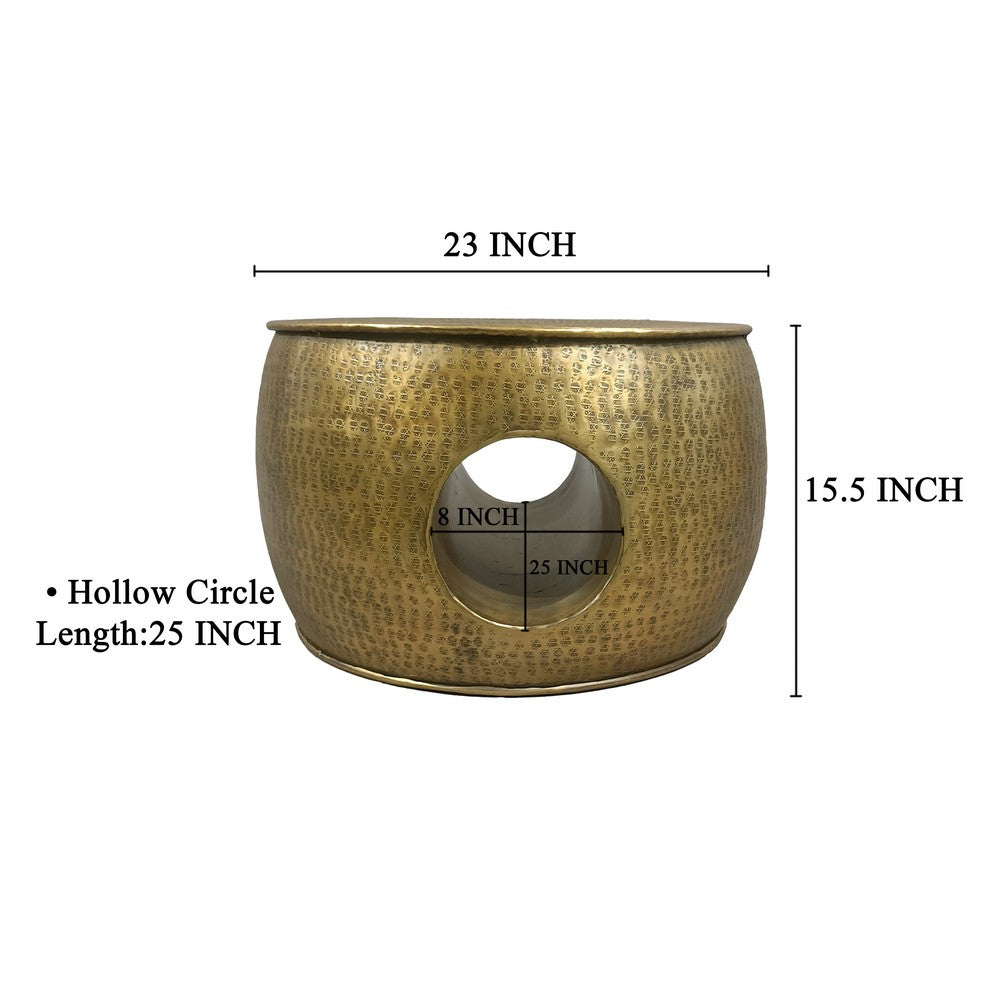 The Urban Port Nala 23 Inch Coffee Table, Low Round Drum Shape with Unique Hollow Center, Antique Brass Aluminum